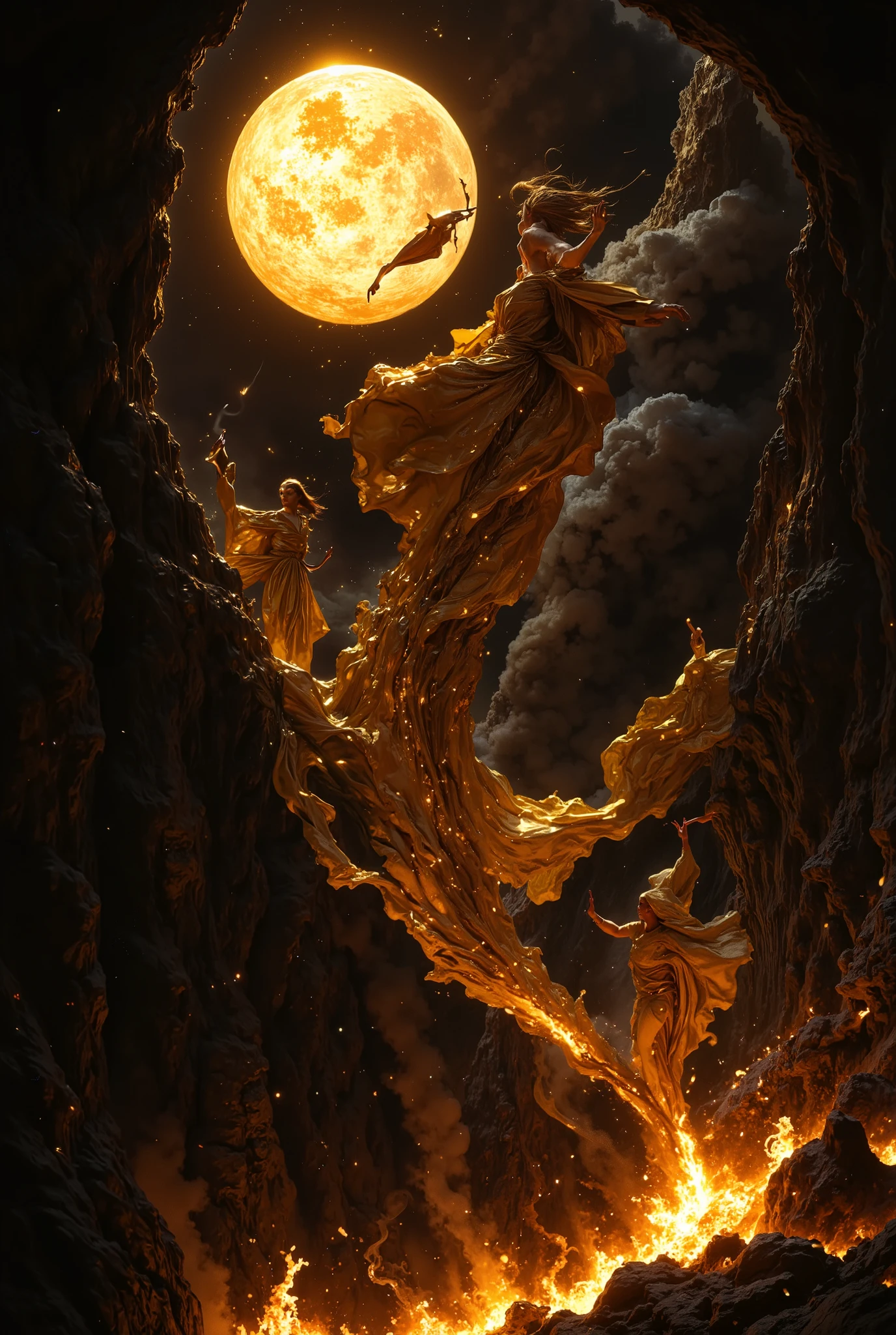 A mystical scene under the full moon, depicting a group of women floating gracefully above a raging fire on a steep hill. The fire blazes below, casting an ethereal orange glow that contrasts with the dark, smoky night sky. The women wear flowing deep yellow dresses, shimmering in the firelight, with their long hair billowing in the wind. Their poses are elegant, mid-air, as if performing an ancient, magical ritual. Sparks and embers dance around them, and the glowing full moon shines brightly in the background, illuminating the surreal scene with a hauntingly beautiful light. The atmosphere is both enchanting and dramatic, blending mystery, power, and gra