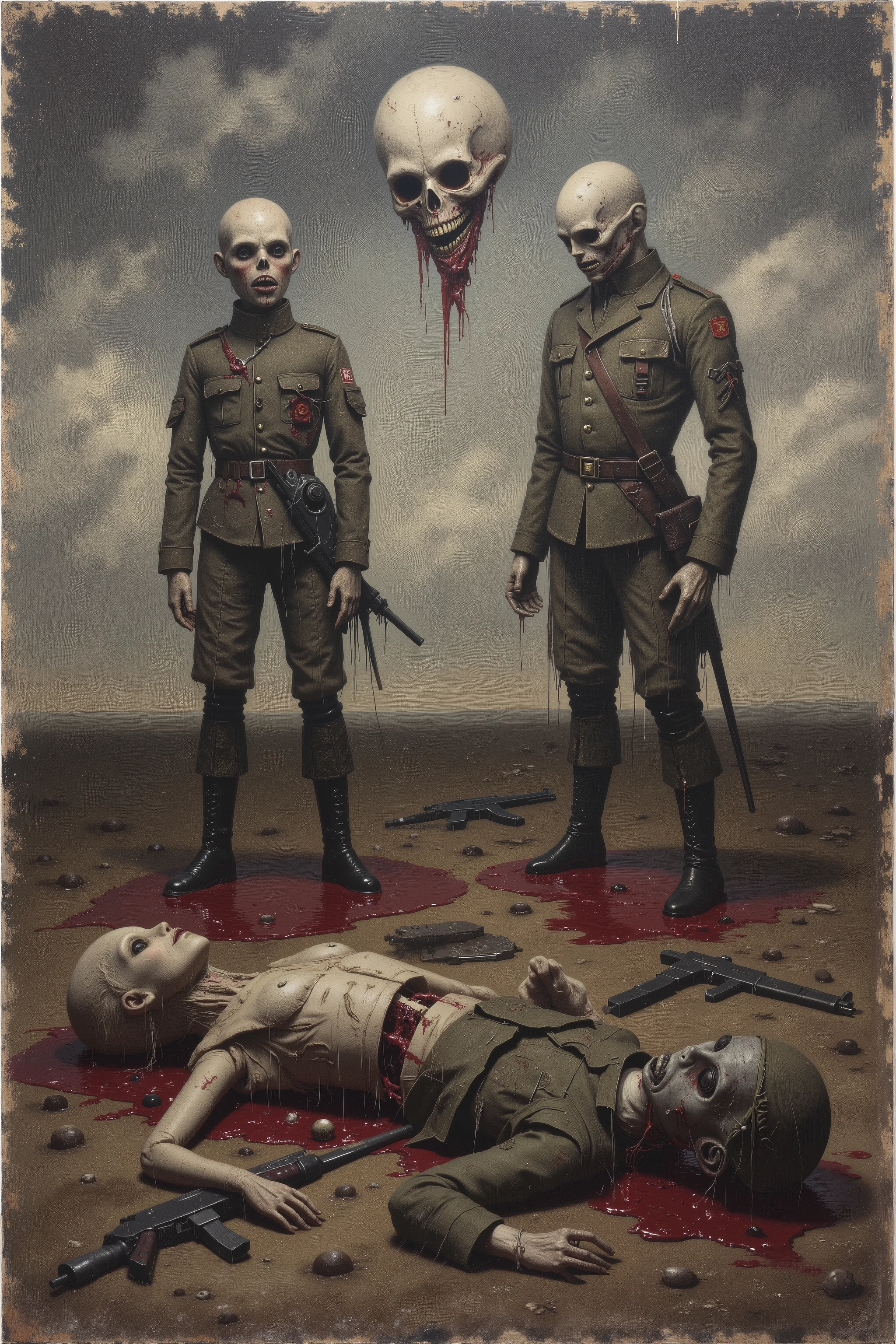 An oil painting on an enormously large canvas. The painting shows dolls and blown up doll parts that have on two different military outfits. Dead soldier dolls lay in pools of blood on the open ground. Weapons are scattered left and right. Gory, in extreme detail. Macabre, disturbing images of war. Dark dreary oil painting on a huge sized canvas. Photo-realistic,ultra-detailed, realism ,portrait photography, cinematic portrait, cinematic photography, UHDR, full focus, highest quality, cinematic lighting, masterpiece.