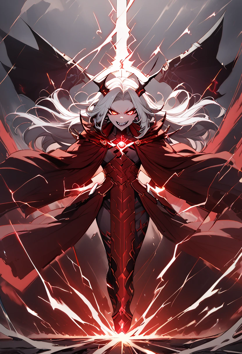 anime character with red and white hair and a red cape, djinn woman female demon, female djinn woman demon hybrid, an epic anime of a energy woman, full body devil woman, demon female, demon hero, human female demon, emitting evil red aura, fire!! full body, full body savage devilwoman, woman female demon, demon girl, pain from naruto, nude, impossibly large breasts