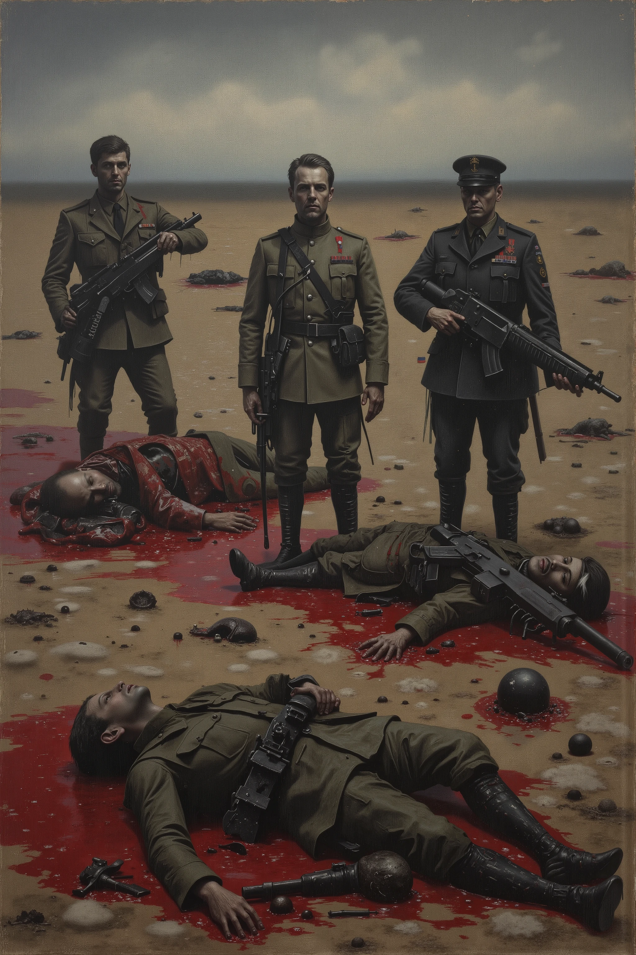 An oil painting on an enormously large canvas. The painting shows men and blown up parts that have on two different military outfits. Dead soldiers lay in pools of blood on the open ground. Weapons are scattered left and right. Gory, in extreme detail. Macabre, disturbing images of war. Dark dreary oil painting on a huge sized canvas. Photo-realistic,ultra-detailed, realism ,portrait photography, cinematic portrait, cinematic photography, UHDR, full focus, highest quality, cinematic lighting, masterpiece. 