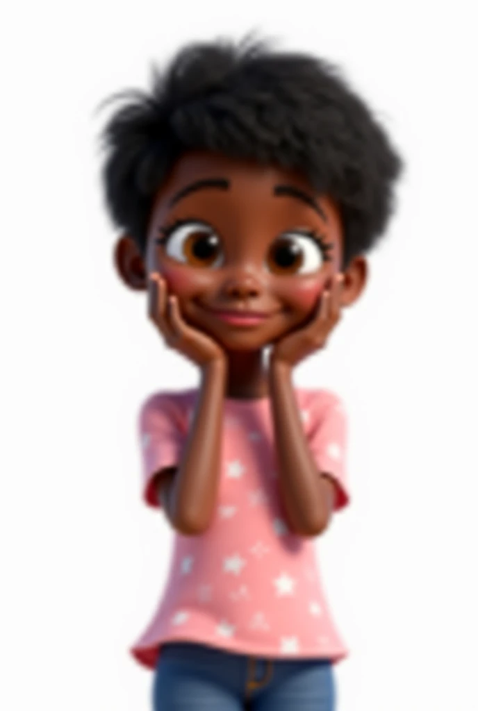 A 9 year old, brown skin, eyes browns, long and curly hair, wearing pink pajamas and a beanie on his head, disney pixar style drawing, the image has a white background (png)