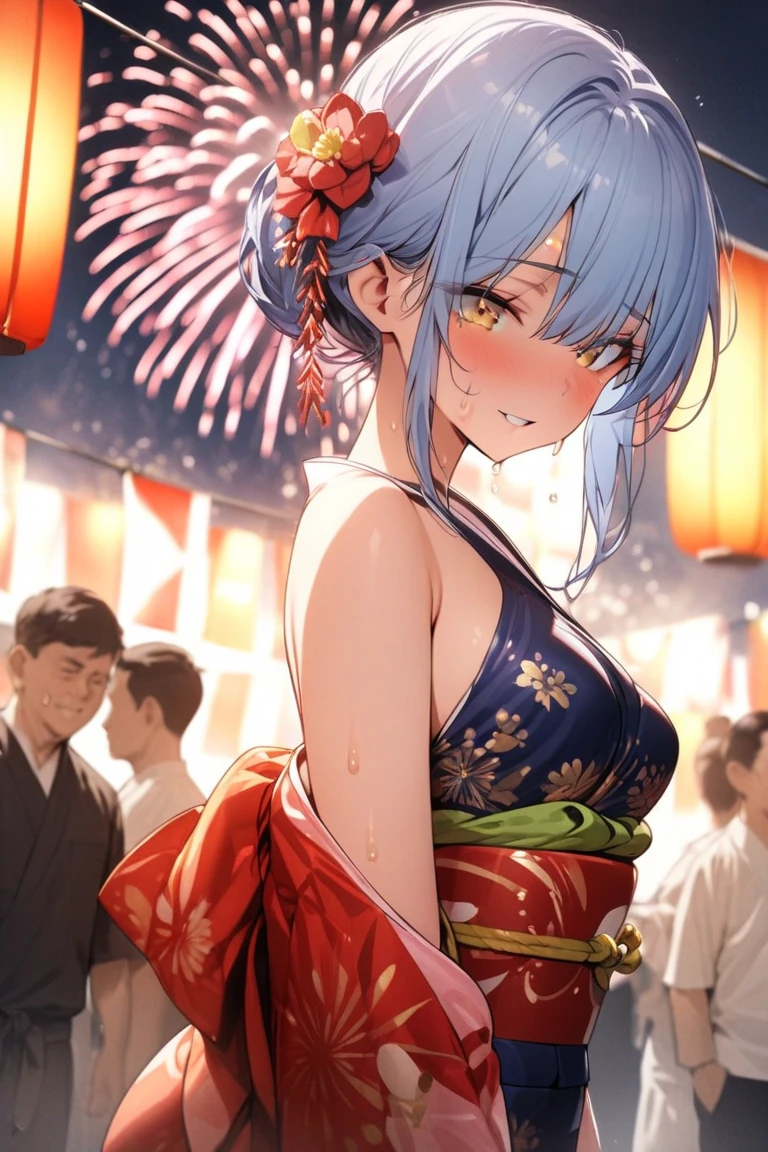 Highest quality、Light blue hair、Short Bob、Deep green eyes、Small breasts、Japanese summer festival attire、A cloth wrapped around his chest、Pulling a float、Daytime