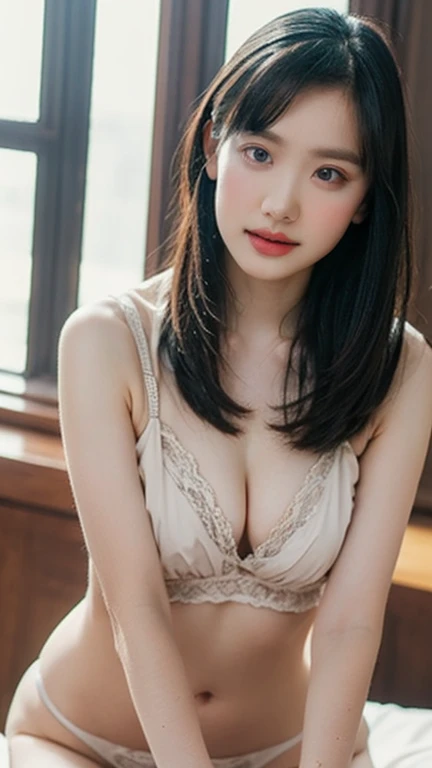 masterpiece、highest quality、16K、High resolution、UHD,Depth of the bounds written、soft light、professional lighting、Pale shading、Weak contrast、Japanese、beautiful girl、daytime office、Window seat、sitting in front of the computer、Loose-fitting knitwear in pastel colors、navy pleated skirt、micro mooth and beautiful thighs:1.6)、(small breast:1.0)、Faint cleavage、fine and beautiful eyes、(cute hanging eyes)、(thin eyebrows)、(thin lips)、gentle smile、(long wavy hair、high ponytail),(The bangs are see-through bangs)、