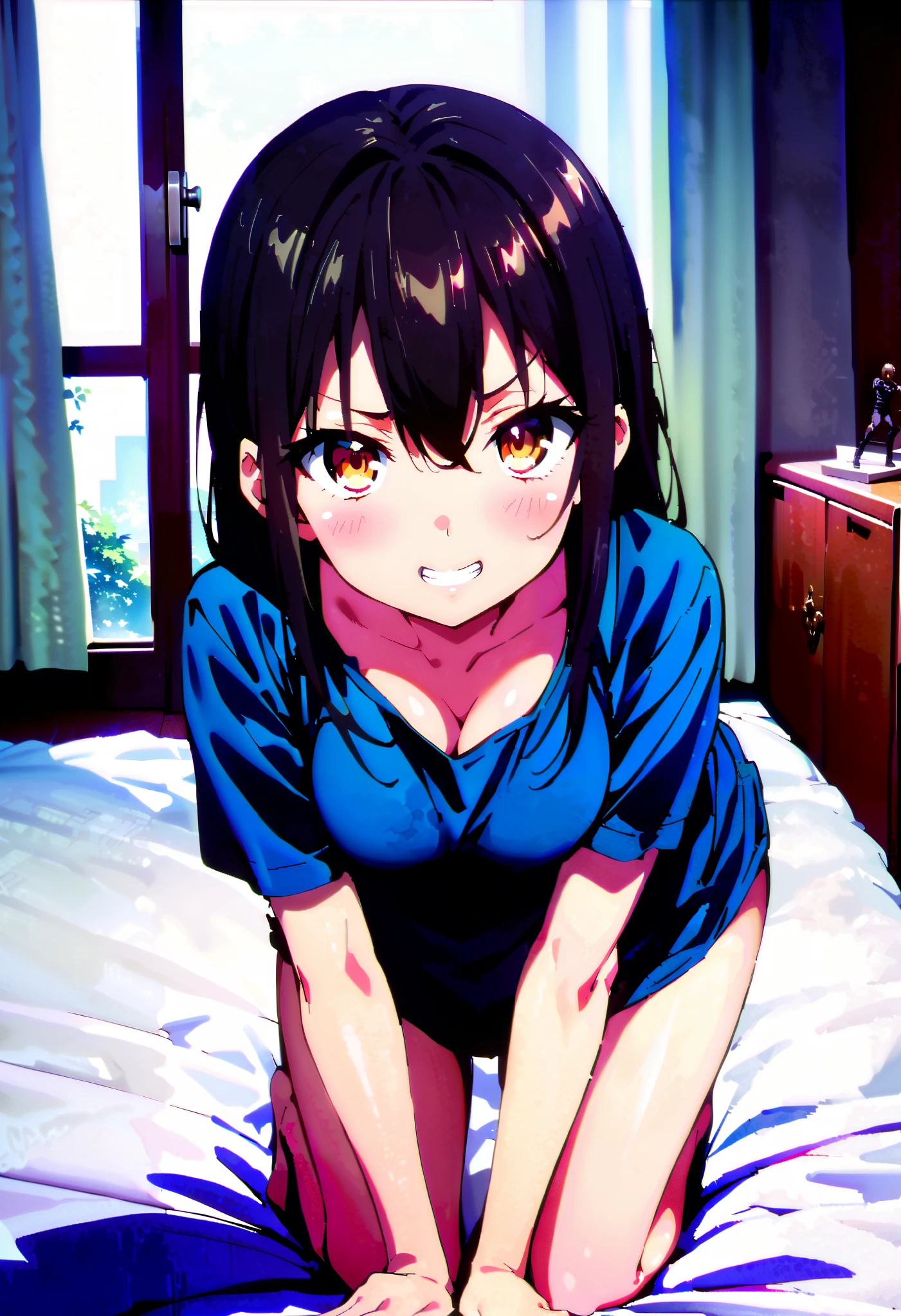 score_9, score_8_ up, score_7_ up, source_Anime, Yukina Himeragi, long hair, black hair,medium hair, brown eyes,Medium breast, cleavage in years, smile,blush, grin , squint, Down Blouse , loose t-shirt ,Bare legs, standing on all fours on a bed, beautiful scenery,morning,whole bodyがイラストに入るように,
break looking at viewer,whole body,( cowboy shot:1. 5),
break indoors,bedroom,
break (masterpiece:1.2), best quality , high resolution, Unity 8K Wallpaper , (figure:0.8), ( precise and beautiful eyes:1.6), very detailed face, PERFECT LIGHTING , very precise CG, (perfect hand, perfect anatomy),