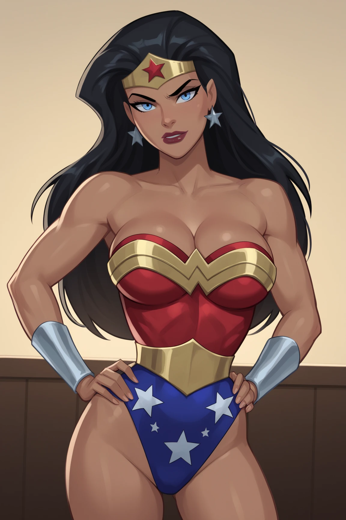 Wonder Woman, 1 girl, ((barnet))), long black hair, thick thighs, huge ass, huge natural breasts, cleavage, mature mother, huge muscleoysenberry eyes, Curvaceous physique