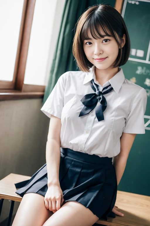 (masterpiece:1.3), (8K, Photorealsitic, Raw photography, Top image quality: 1.4), Japan high school girls、(very short-haired、Random hairstyles:1.2,)、Super Detail Face、Eye of Detail、二重まぶた、Bring your chest together、foco nítido:1.2、prety woman:1.4、light brown hair、top-quality、masterpiece、超A high resolution、(Photorealsitic:1.4、Being in the classroom、Japan High School Student Uniform、Button shirt with collar、Ribbon Ties、Short dark blue pleated skirt、Ribbon tie、Great under the shirt)、Highly detailed and professional lighting smile、slender、serious facial expression、short-haired、Fatal position,chalk board、Blue sky outside the window、sit a chair、above knee