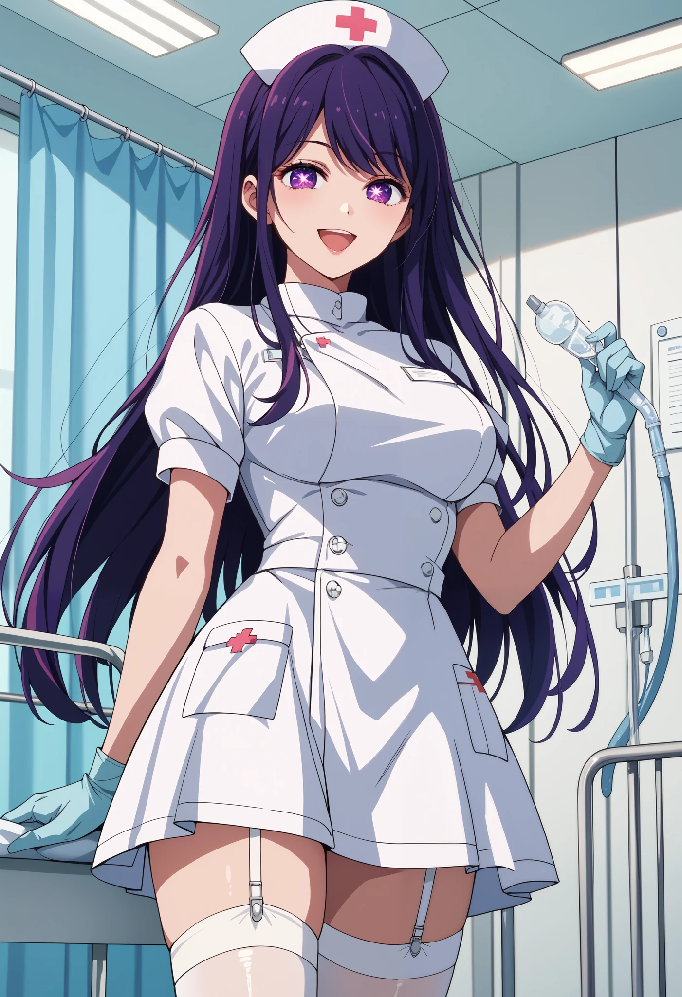 Score_9, score_8_up, score_7_up, source_anime, ai hoshino, long hair, bangs, purple eyes, purple hair, symbol-shaped pupils, (best quality), (high quality), {masterpiece}, extremely delicate and beautiful, ultra-detailed, beautiful detailed eyes, nurse, nurse hat, ((white nurse's outfit)), white gloves, white legwear, zettai ryouiki, hospital room, smile, open mouth, standing