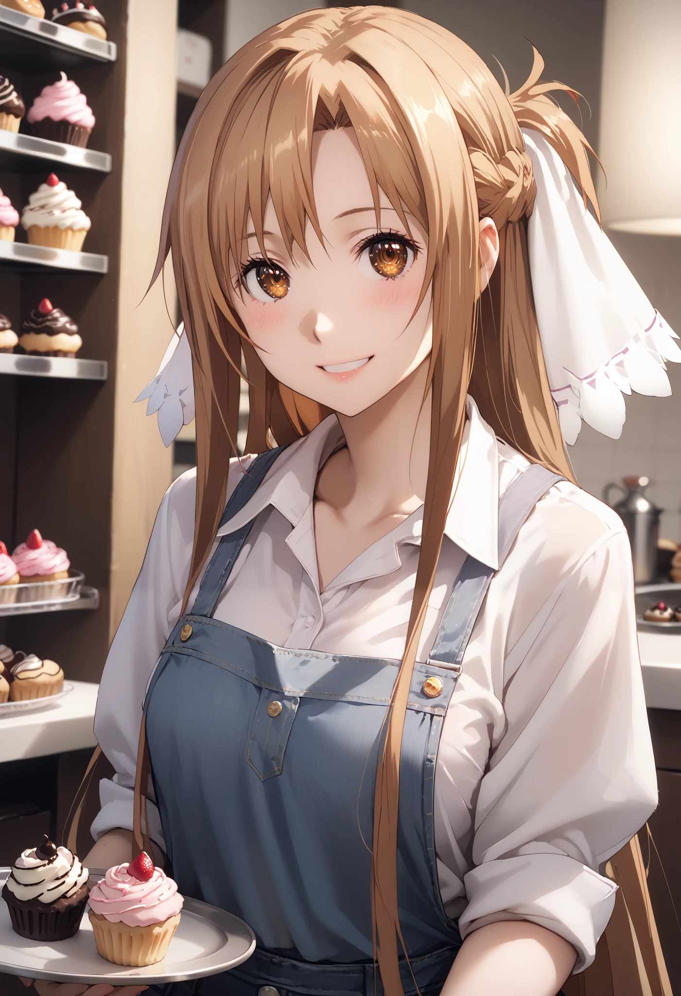 1girl, asuna yuuki (sword art online), solo, dutch angle, orange-brownish hair, long hair, hazel eyes, (beautiful detailed eyes: 1.2), white loose shirt, rolled-up sleeves, light blue apron, black skinny jeans, cute smile, blush, holding a tray of cupcakes, bakery, wallpaper, masterpiece, high quality, highly detailed