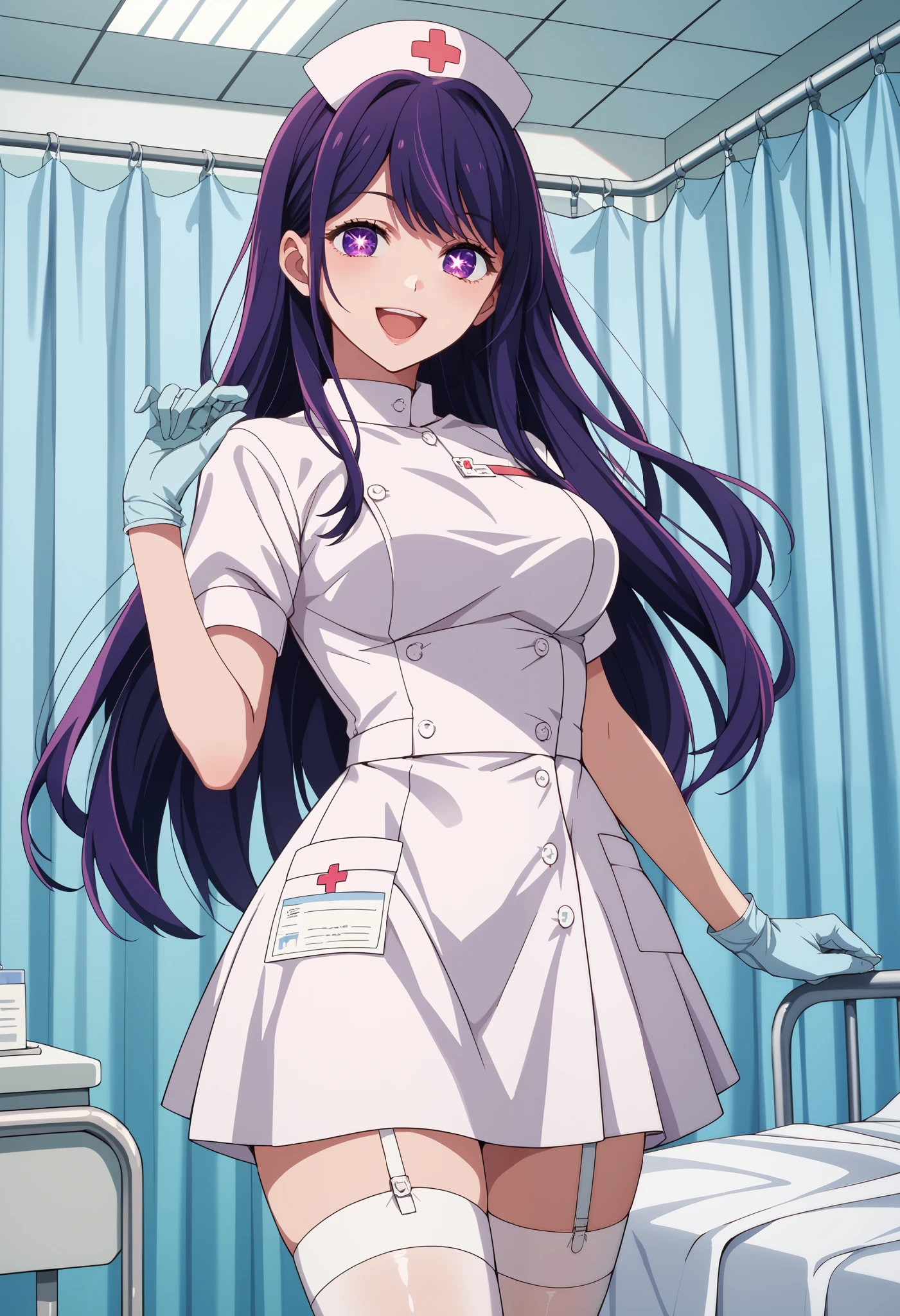Score_9, score_8_up, score_7_up, source_anime, ai hoshino, long hair, bangs, purple eyes, purple hair, symbol-shaped pupils, (best quality), (high quality), {masterpiece}, extremely delicate and beautiful, ultra-detailed, beautiful detailed eyes, nurse, nurse hat, ((white nurse's outfit)), white gloves, white legwear, zettai ryouiki, hospital room, smile, open mouth, standing