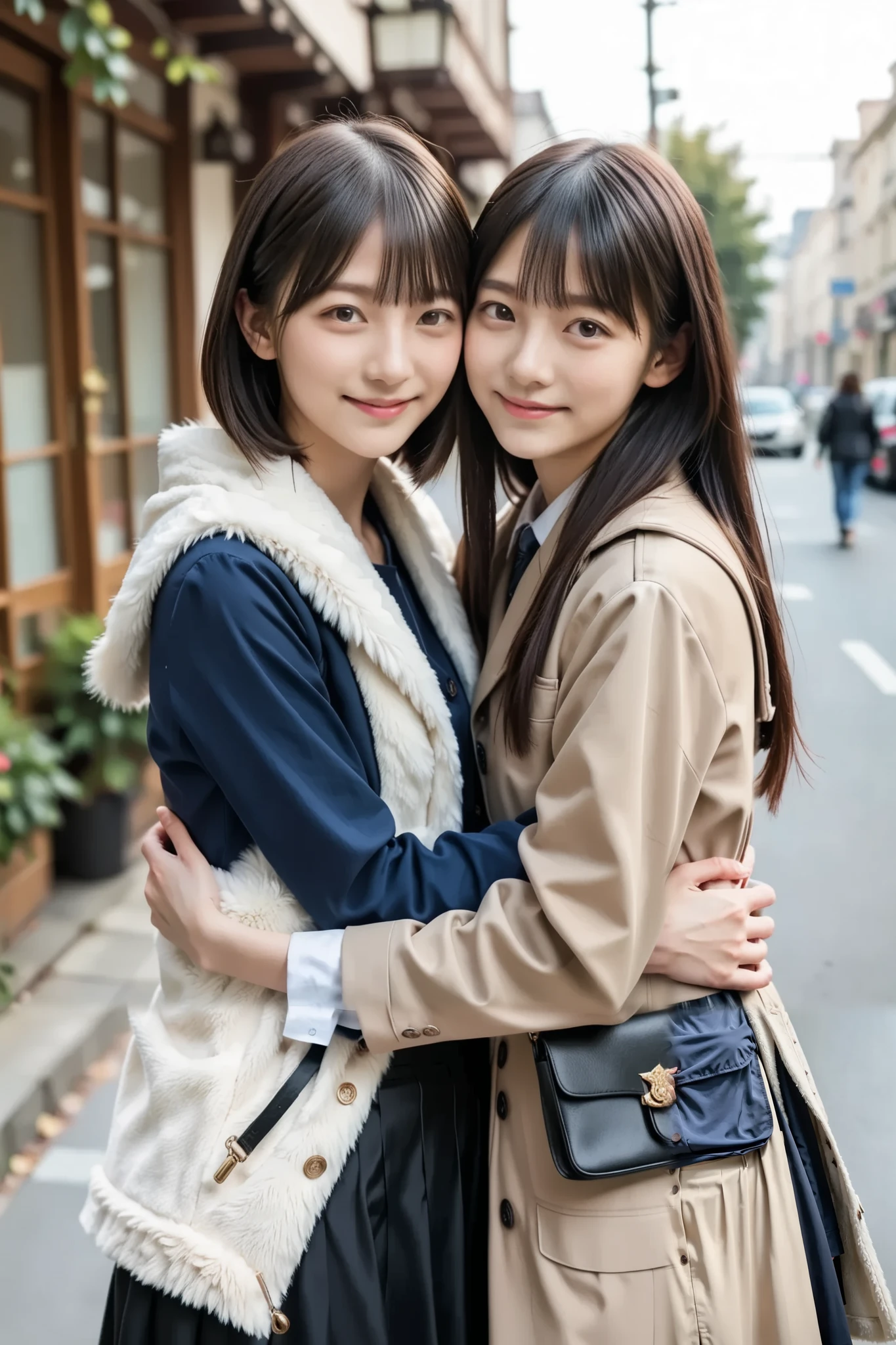 score_9,score_8_ up,score_7_ up,
realistic ,(photo realistic :1.5), high resolution ,(anatomicaly correct:1.8) , super detailed ,
two girls ,hugging each other ,BREAK
-yeld ,het is 140cm ,slim ,no breast ,black long hair ,white fur coat, blue shirts ,black long flare skirt, BREAK
14-years-o , t is 1m , slender ,no breast ,black ,bob cut ,brown winter coat, culottes, BREAK