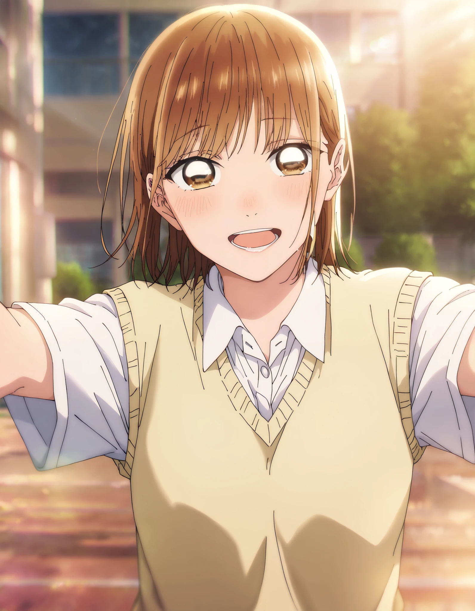 1 girl, Alone, Chinatsu, Blurry Background, outdoors, school uniform, white shirt, collared shirt, short sleeves, yellow sweater vest, masterpiece, top quality, High Quality, very aesthetic, absurd, brown eyes, smile, open mouth, blush, pov, (spread arms, hands are out of frame:1.3), close up