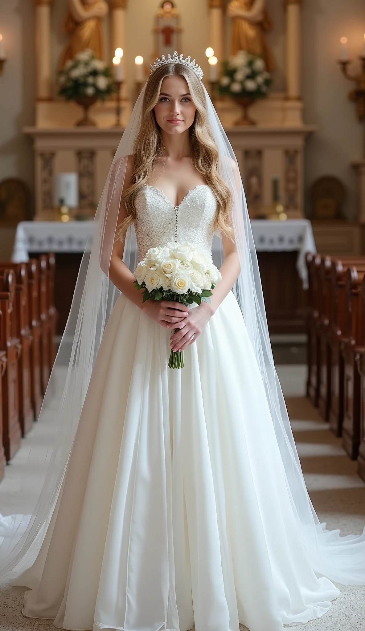 Front view, full body, standing on floor, both hands holding white flower bouquet, in church, looking at viewer, name is Jessica, 30-age, (White English, golden hair, long hair, fringe, beautiful blue eye, cute lip, smile, tiara, neck less and earring) , (big breasts, White classic long Wedding dress, white see through veil, White Hi-heal), cinematic lighting ,(masterpiece, Best Quality, high resolution on down, Realistic, sharp, RAW photos from the last century, wallpaper, perfection, Professional Lighting, very detailed)