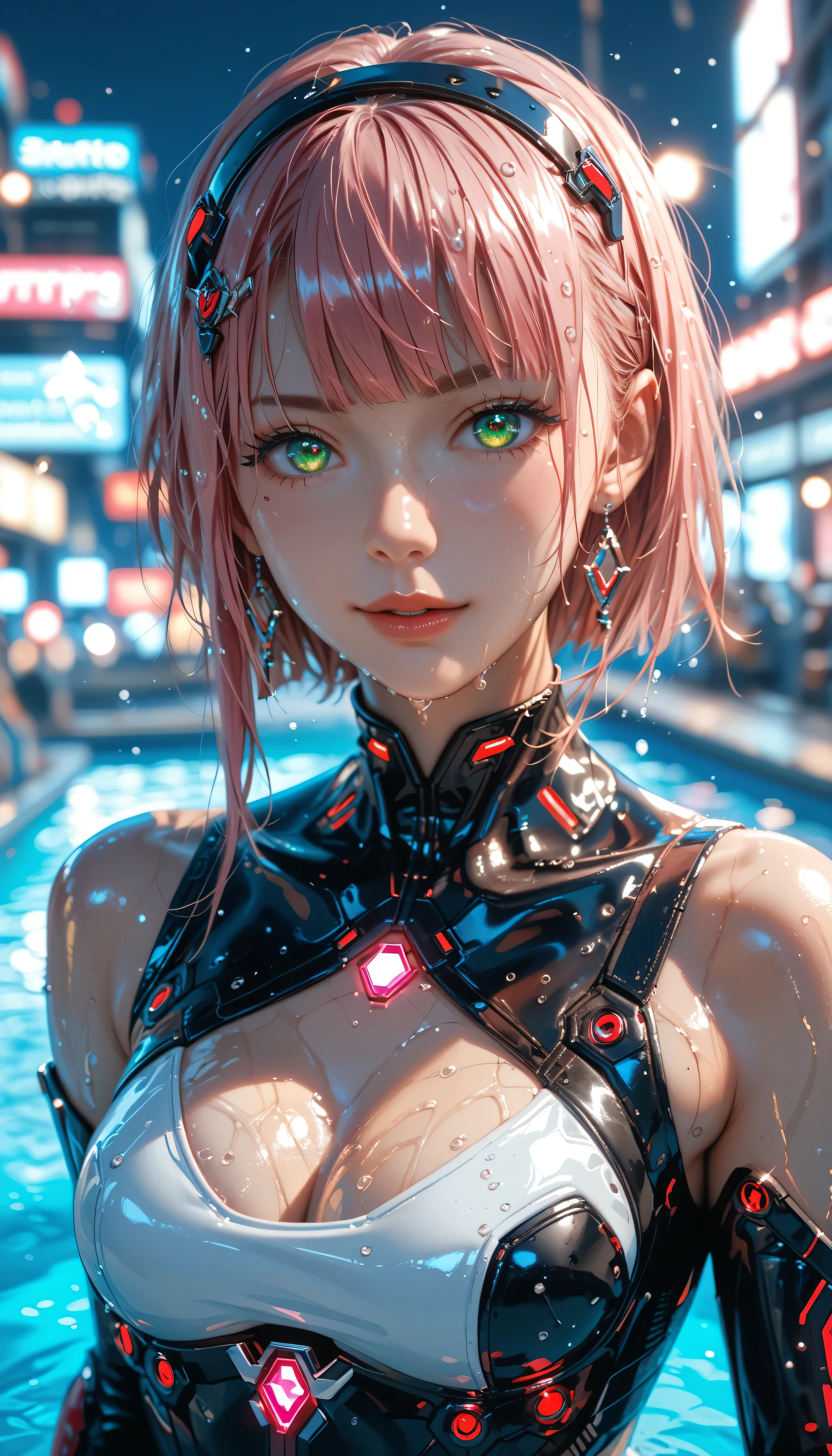 ((( best quality , 8k,: 1.3)), (( best quality )), ( Details), perfect face , (Suzu Hirose:1.5) perfect body, ( Details hyperrealstic skin:1.3), ( intricate detail in wet water), shiny hair, high detailed emerald eyes, Cinematic Lighting , Sparkle, textured skin, 超 Details, best quality , cyberpunk, neon light, Midnight, wearing a cyber teck suit, Illuminating parts、NINJA suit 、16歳のSuzu Hiroseの顔