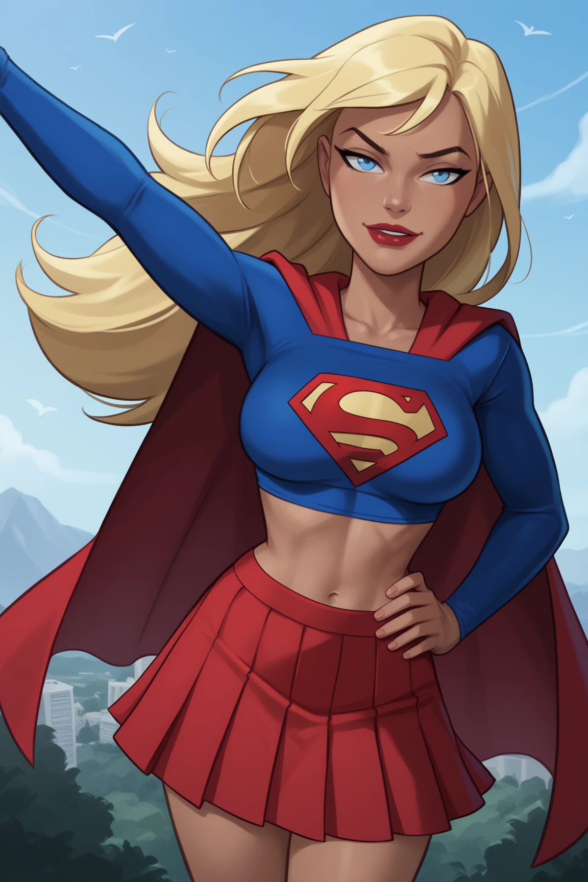 (cowboy shot), SFW, (masterpiece), (best quality: 1.0), (ultra highres: 1.0), detailed eyes,
BREAK
Supergirl, 1girl, long blonde hair, in the air, flying
hair band, \(white\) crop top, short sleeves, cape, blue pencil skirt, gloves, boots
BREAK
(clouds, crying in the rain, sad girl)
