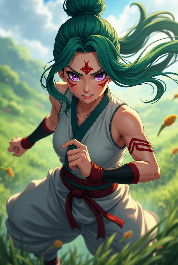 ultra-detailed, Caulifla, painted around the eyes, mountain scenery, ethereal lighting, mystical atmosphere, vibrant colors, stunning landscape, majestic mountains, abundant greenery, tranquil atmosphere, morning mist, soft sunlight filtering through the trees, cool breeze, serene lake, crystal clear water reflecting the vibrant colors of the surroundings, elevated viewpoint overlooking the vast wilderness, stunning rock formations, secluded paths leading to hidden wonders, gentle hillside adorned with vibrant flowers, delicate petals swaying in the wind , lush meadows carpeted with wildflowers, distant waterfall cascading in a mesmerizing display of power and beauty, shimmering under ethereal lighting, magical realm that merges with the natural world, whispers of ancient legends carried on the breeze, melodic sounds of nature filling the air, creating a mystical atmosphere that captivates the senses.