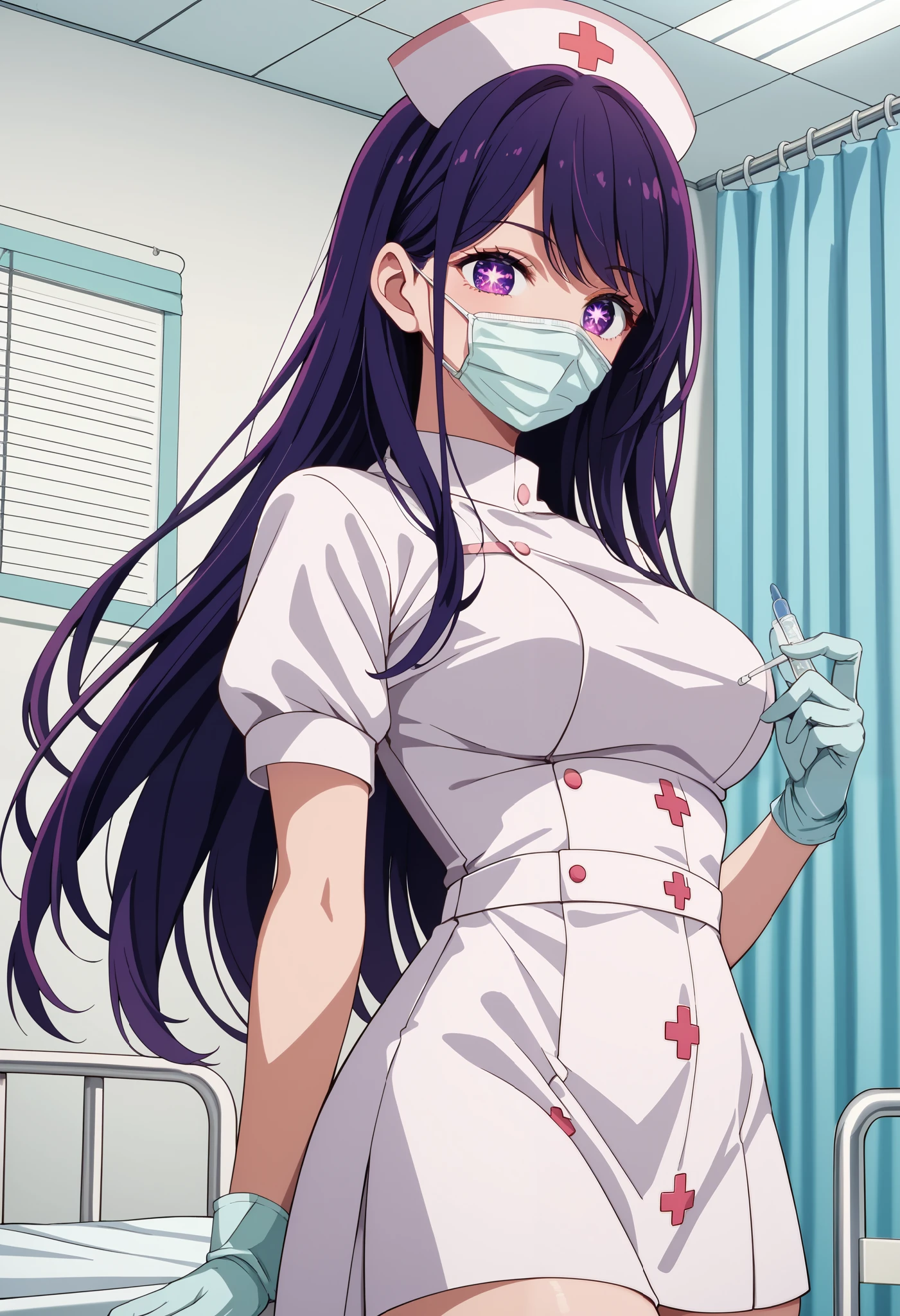 Score_9, score_8_up, score_7_up, source_anime, ai hoshino, long hair, bangs, purple eyes, purple hair, symbol-shaped pupils, (best quality), (high quality), {masterpiece}, extremely delicate and beautiful, ultra-detailed, beautiful detailed eyes, nurse, nurse hat, ((white nurse's outfit)), white gloves, white legwear, zettai ryouiki, hospital room, ((white surgical mask, covered nose)), standing