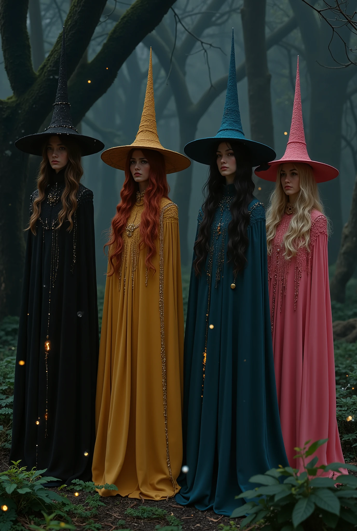 Four sorcerers stand in a mystical forest, each wearing a wizard robe and a matching pointed wizard hat that complements their unique style. They all have long hair flowing past their waists, adding to their powerful and mysterious aura.
The first sorcerer has long dark brown hair and wears a black wizard robe with a matching black pointed hat. He stands confidently, his golden eyes glowing faintly in the dim forest light.
The second sorcerer has straight, fiery red hair with bangs and wears a deep yellow wizard robe with a matching deep yellow pointed hat, her intense gaze exuding fiery energy.
The third sorcerer has long wavy black hair and is dressed in a deep azure blue wizard robe with a matching deep blue pointed hat, her calm golden eyes radiating quiet strength.
The fourth sorcerer has curly blonde hair and wears a rich pink wizard robe with a matching rich pink pointed hat, her enchanting golden eyes filled with mystery and charm.
The forest around them is shrouded in mist, with faint magical energy glowing in the air, creating an enchanting and powerful atmosphere