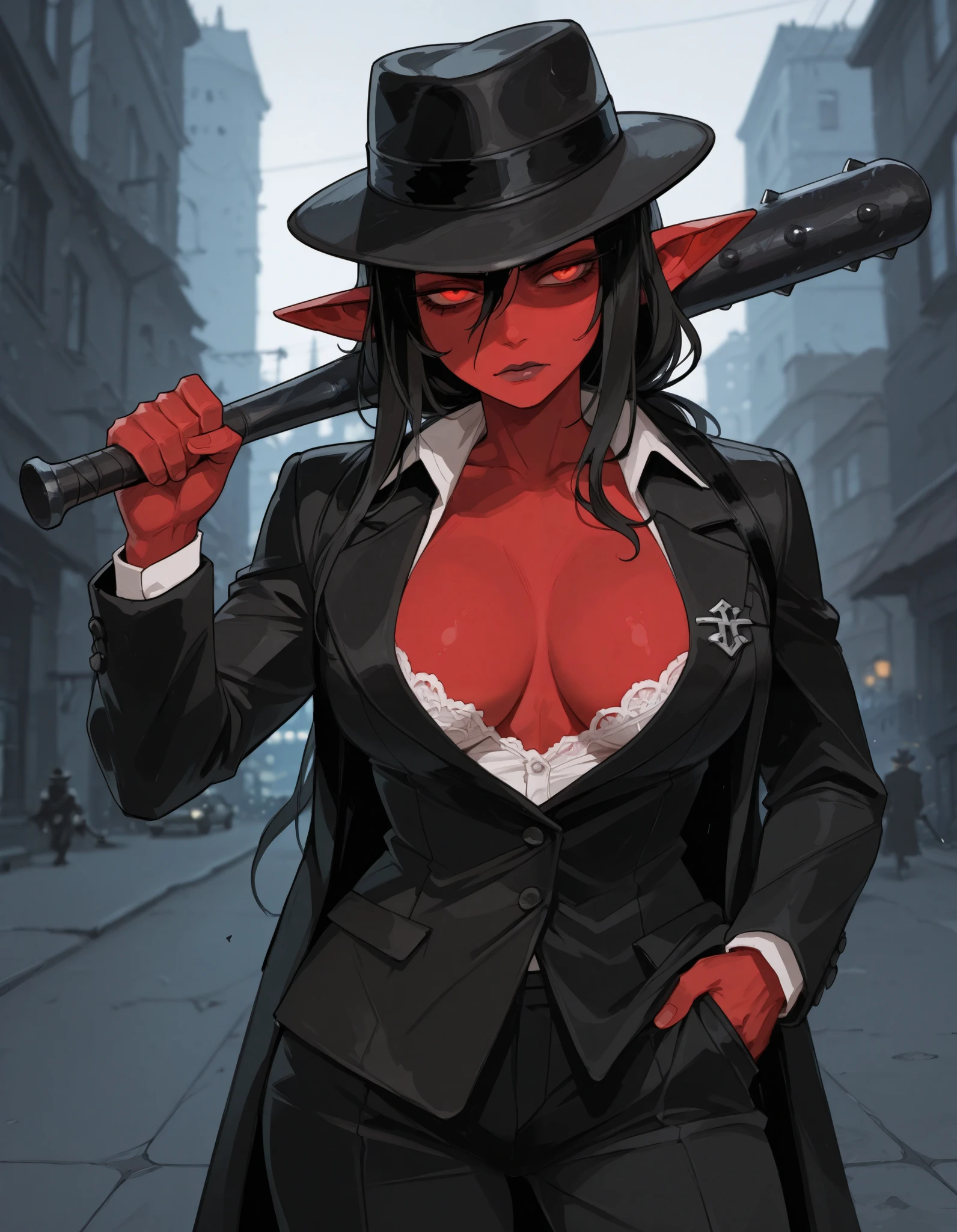 masterpiece, amazing quality, anime_screencap, score_9, score_8_up, score_7_up, score_6_up, score_5_up, score_4_up, anime_source, 2D, (masterpiece), best quality, 1girl, alone, solo, Goblin girl, red skin goblin, "Gangster Mob Boss" girl of the 1940's City criminal, Mafia girl, wearing a black fedora, white lace, funny, in suit, 40's Mobster, straps, with a spiked bat, holding bat, holding baseball bat over shoulder, other hand on the pocket, large apart breasts, highrest, UltraHD, 8k, cute, dynamic, 1940's cityscape, frontal view, fearless look, depth of field, challenging gaze, Narrowed eyes, glowing red eyes, detailed eyes,