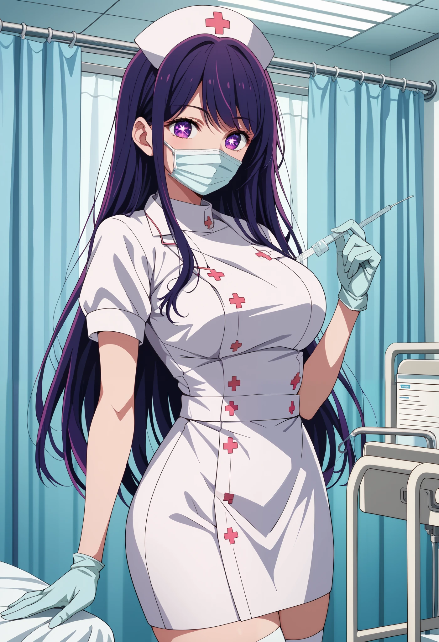Score_9, score_8_up, score_7_up, source_anime, ai hoshino, long hair, bangs, purple eyes, purple hair, symbol-shaped pupils, (best quality), (high quality), {masterpiece}, extremely delicate and beautiful, ultra-detailed, beautiful detailed eyes, nurse, nurse hat, ((white nurse's outfit)), white gloves, white legwear, zettai ryouiki, hospital room, ((white surgical mask, covered nose)), standing