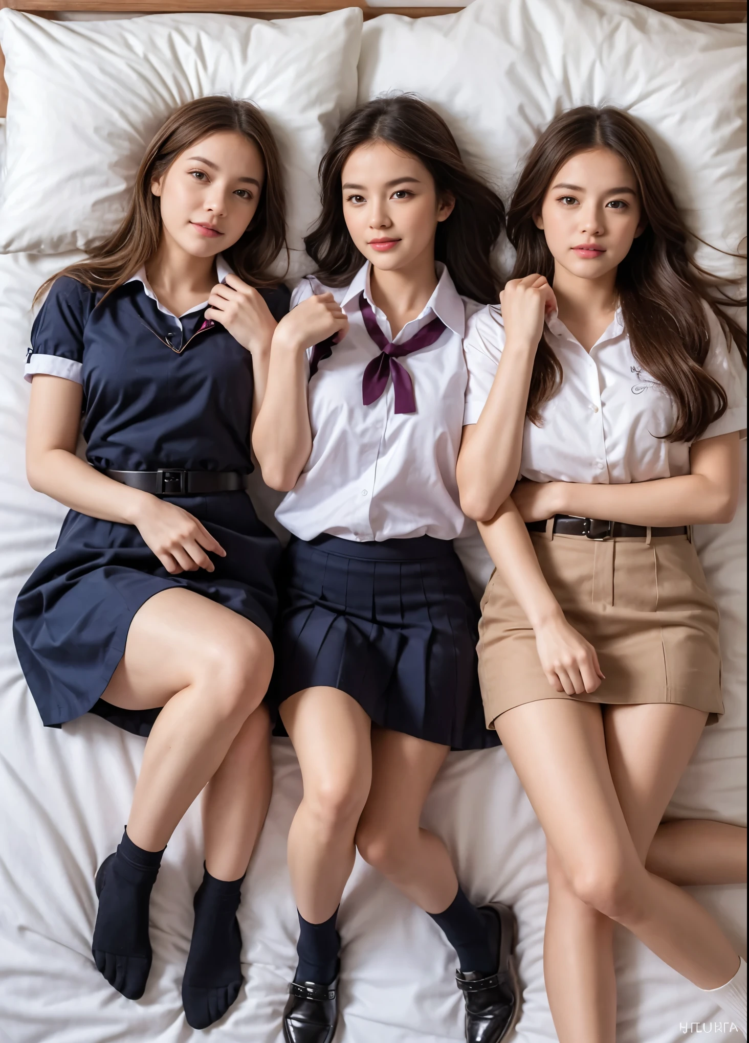 4 beautiful and pretty schoolgirls lie in bed full body