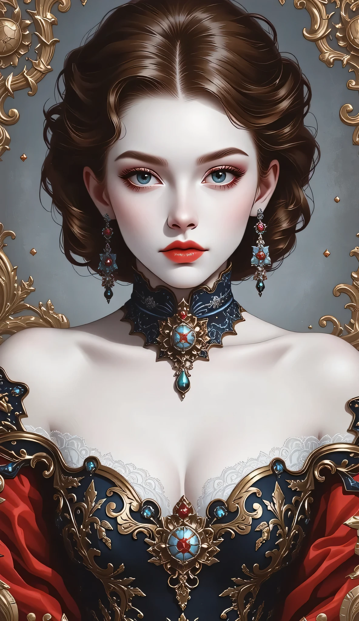 Kizi，Highly detailed, Amazing work，Vitreous luster,((clean backdrop))，In black，(((red colors)))，white color，Best quality at best，clean backdrop, shiny skin, goth, plunging neckline, huge breasts, heavy blushing, (dramatic, gritty, intense:1.4),masterpiece, best quality, 32k uhd, insane details, intricate details, hyperdetailed, hyper quality, high detail, ultra detailed, Masterpiece,yssk's new concept, in the style of decadent illustrations, black and red, appropriation artist, meiji art, valentine hugo, loish, amanda sage,