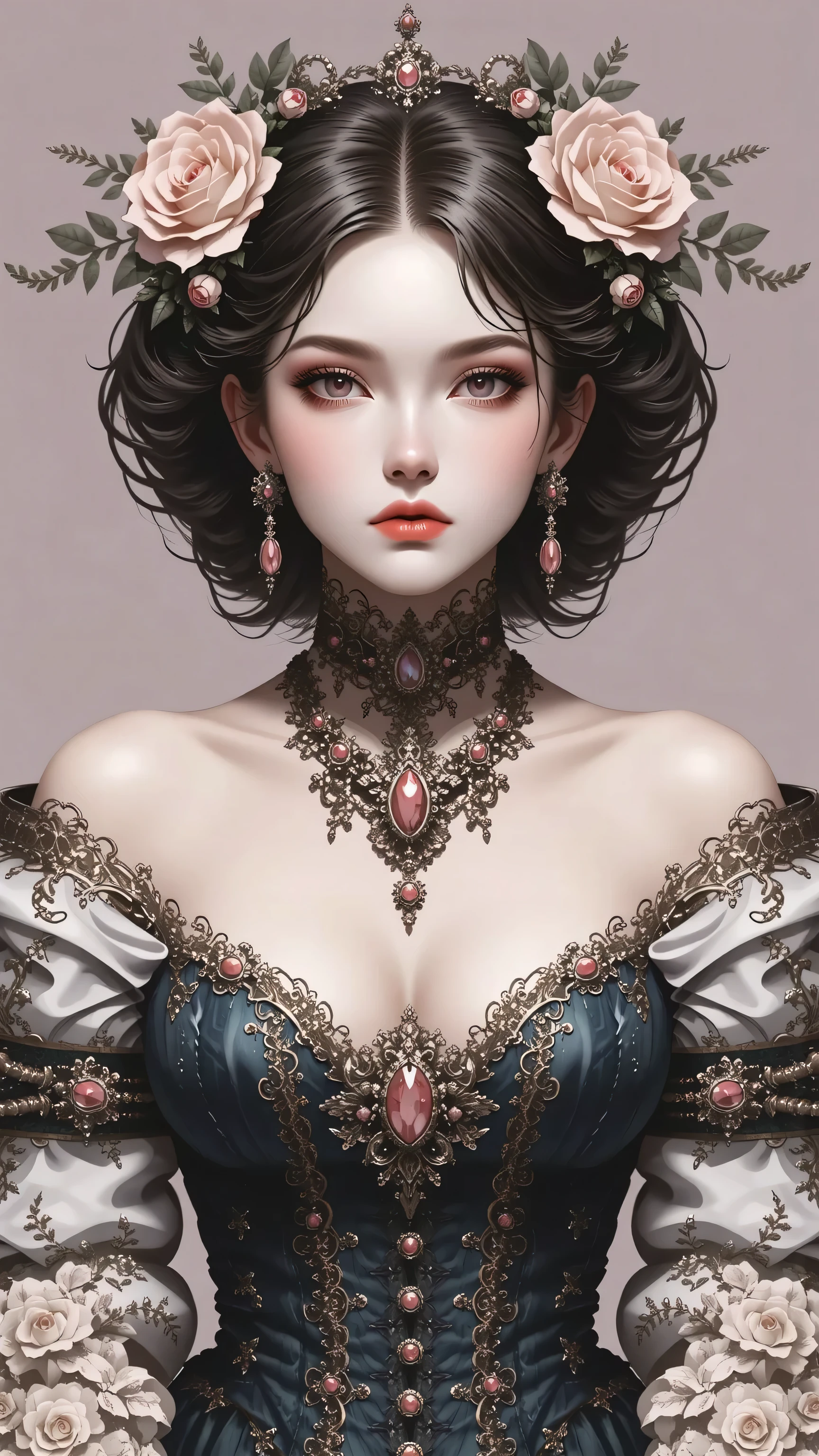 Kizi,Highly detailed, Amazing work,Vitreous luster,((clean backdrop)),In black,(((red colors))),white color,Best quality at best,clean backdrop, shiny skin, goth, plunging neckline, huge breasts, heavy blushing, (dramatic, gritty, intense:1.4),masterpiece, best quality, 32k uhd, insane details, intricate details, hyperdetailed, hyper quality, high detail, ultra detailed, Masterpiece,yssk's new concept, in the style of decadent illustrations, black and red, appropriation artist, meiji art, valentine hugo, loish, amanda sage,