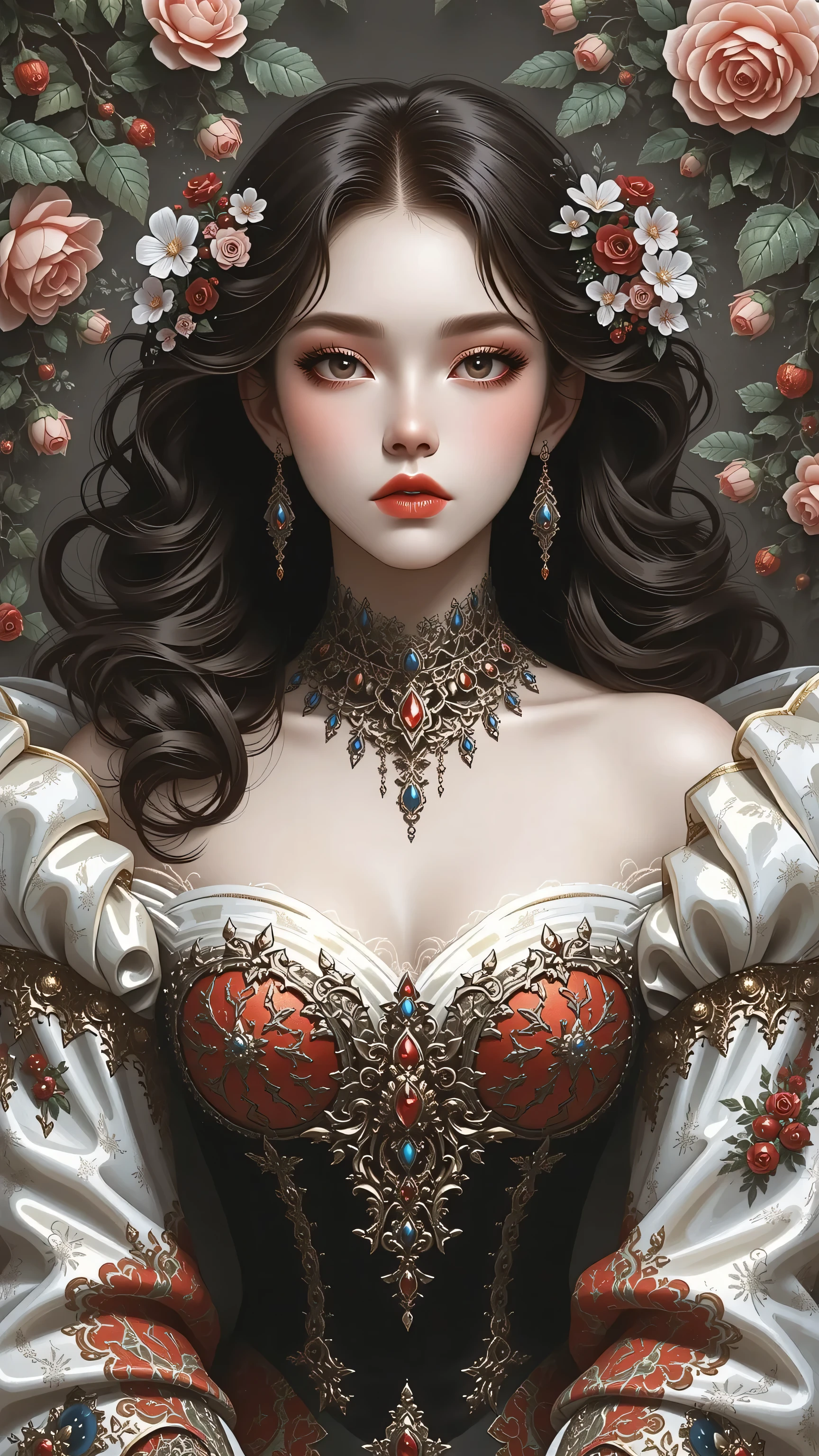 Kizi,Highly detailed, Amazing work,Vitreous luster,((clean backdrop)),In black,(((red colors))),white color,Best quality at best,clean backdrop, shiny skin, goth, plunging neckline, huge breasts, heavy blushing, (dramatic, gritty, intense:1.4),masterpiece, best quality, 32k uhd, insane details, intricate details, hyperdetailed, hyper quality, high detail, ultra detailed, Masterpiece,yssk's new concept, in the style of decadent illustrations, black and red, appropriation artist, meiji art, valentine hugo, loish, amanda sage,
