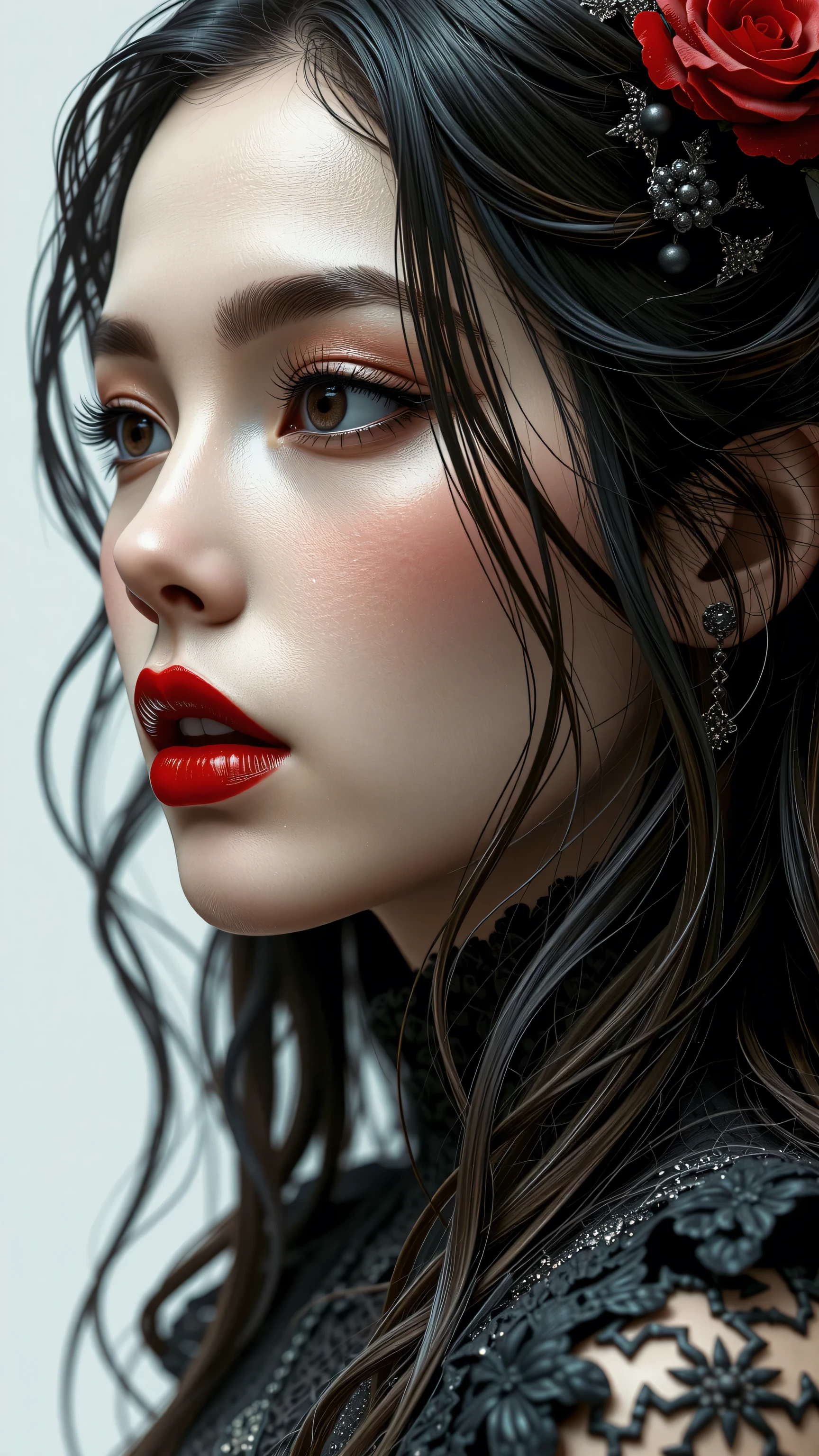 Kizi,Highly detailed, Amazing work,Vitreous luster,((clean backdrop)),In black,(((red colors))),white color,Best quality at best,clean backdrop, shiny skin, goth, plunging neckline, huge breasts, heavy blushing, (dramatic, gritty, intense:1.4),masterpiece, best quality, 32k uhd, insane details, intricate details, hyperdetailed, hyper quality, high detail, ultra detailed, Masterpiece,yssk's new concept, in the style of decadent illustrations, black and red, appropriation artist, meiji art,