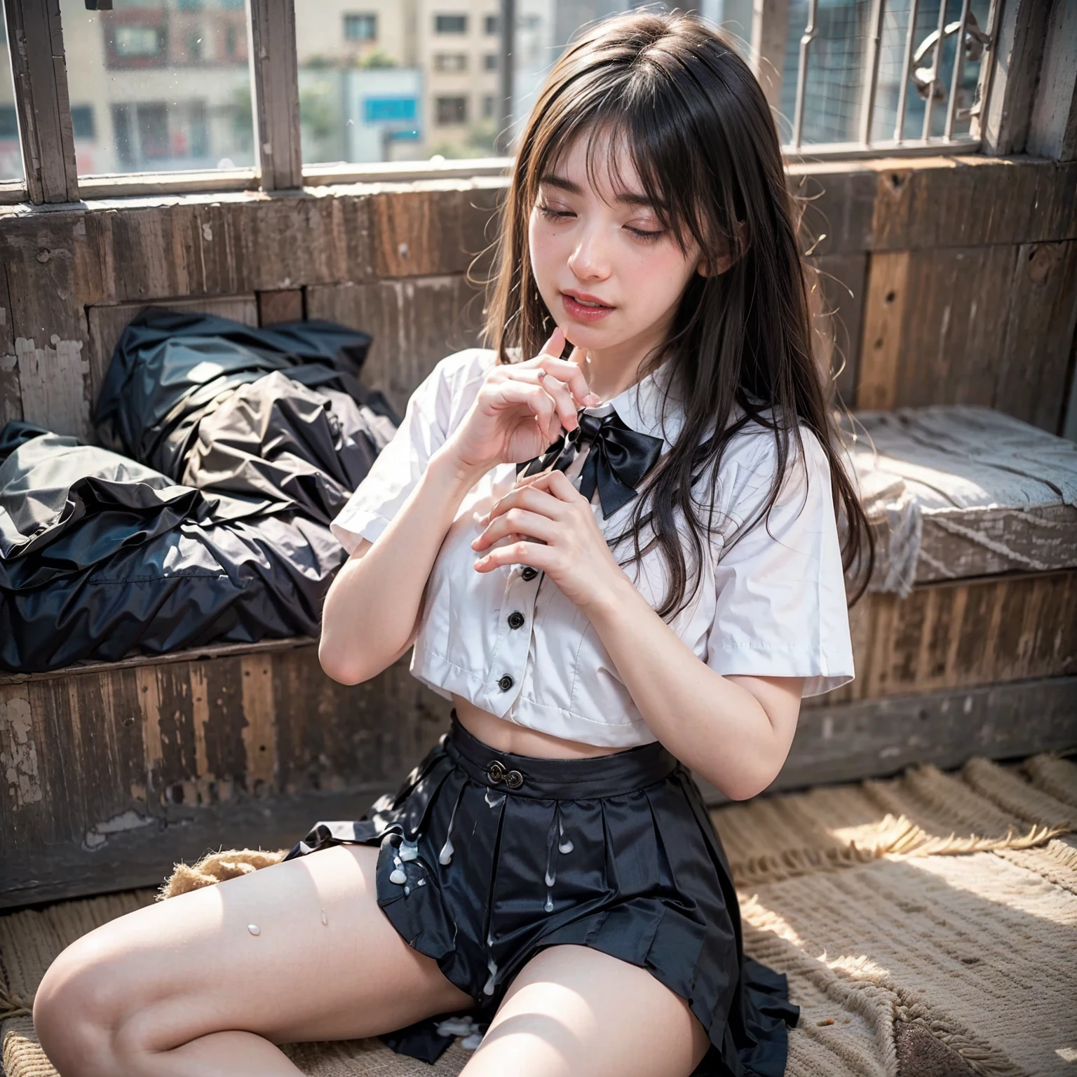 Female college student、Thin legs、ponytail、ribbon、skinny、slim、((Denim mini skirt))sitting on a park bench、Knees forward、(White lace panties)(Unbutton your shirt、Lift up your lace bra、Nipples)Wear cute sneakers、The whole body seen from the front、Flash photography