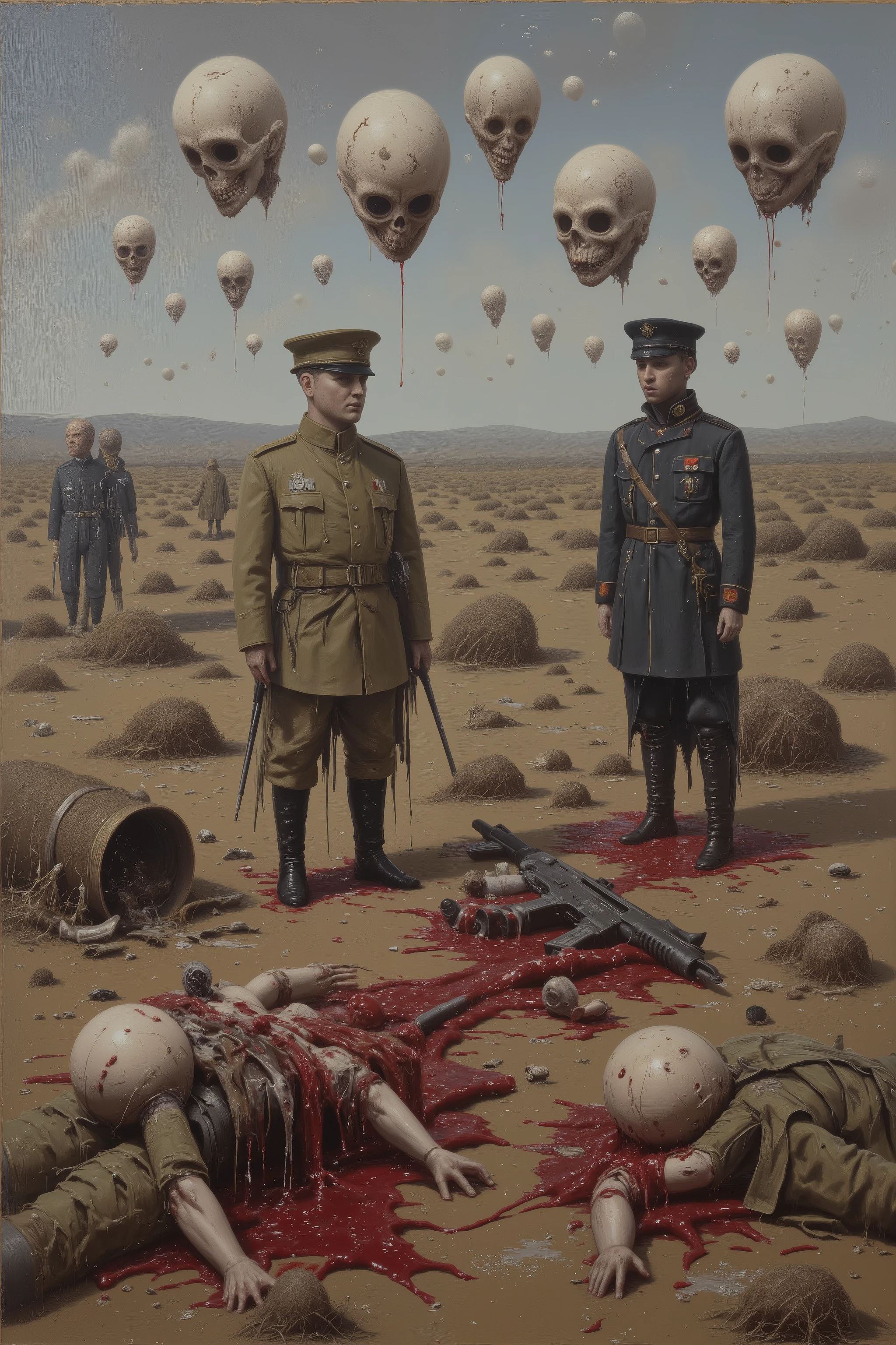 An oil painting on an enormously large canvas. The painting shows dolls and blown up doll parts that have on two different military outfits with different insignia. Dead soldier dolls lay in pools of blood on the open ground. Weapons are scattered left and right. As the generals and higher ups look at the bloodied battlefield, several filthy decapitated dolls' heads pass by above them. Military insignia hovers around also. Gory, in extreme detail. Macabre, disturbing images of war. Dark dreary oil painting on a huge sized canvas. Photo-realistic,ultra-detailed, realism ,portrait photography, cinematic portrait, cinematic photography, UHDR, full focus, highest quality, cinematic lighting, masterpiece.