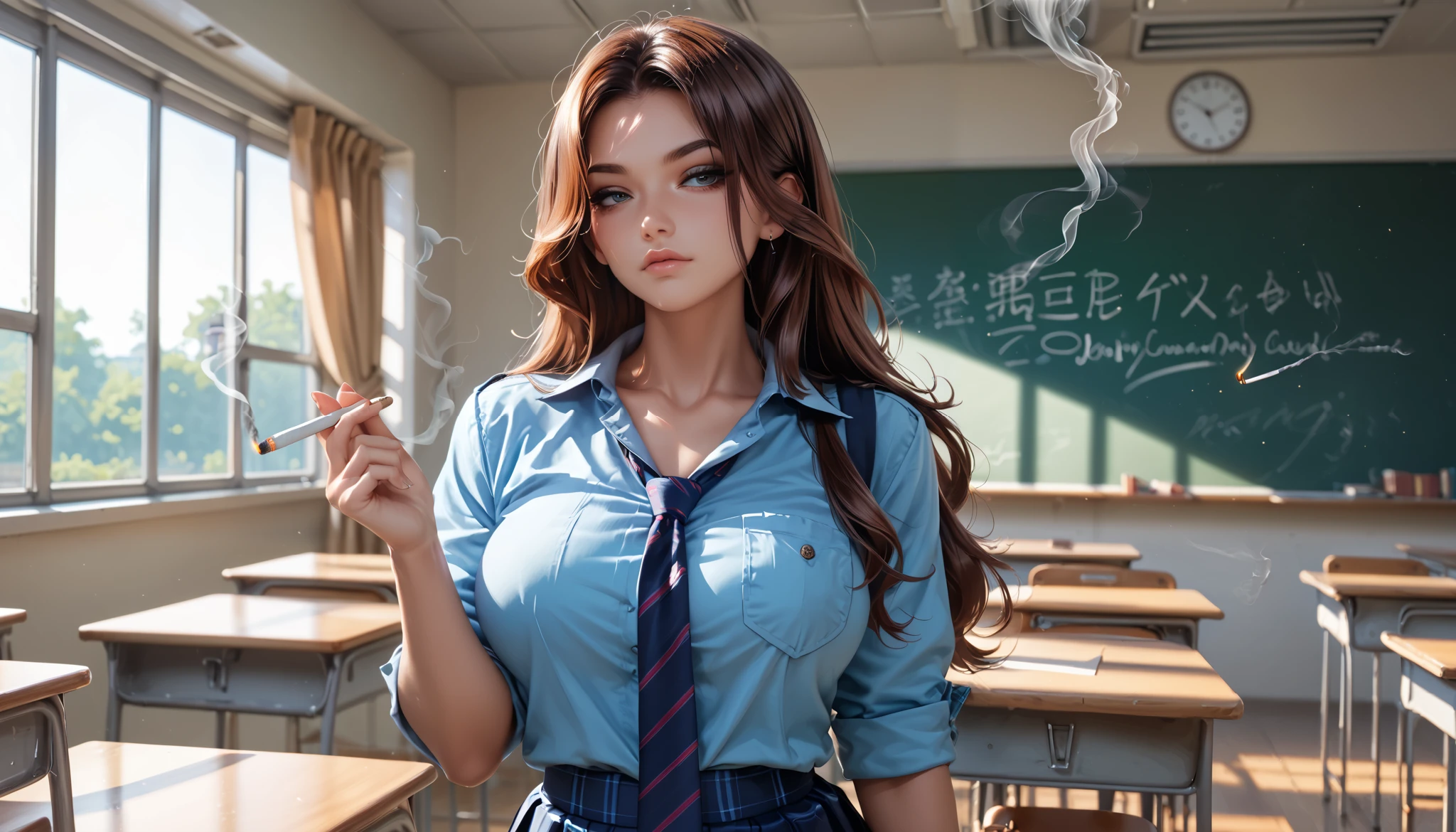beautiful young girl in light blue shirt with rolled up sleeves smoking in classroom, ((school uniform)), sassy, , ((blouse)), (light blue button down shirt), (collarbone), ((tie)), , (( pose)), short dark skirt, brown hair, long hair, smoking, smoke, muscular, shoulder loops, bulging pocket, classroom, JK