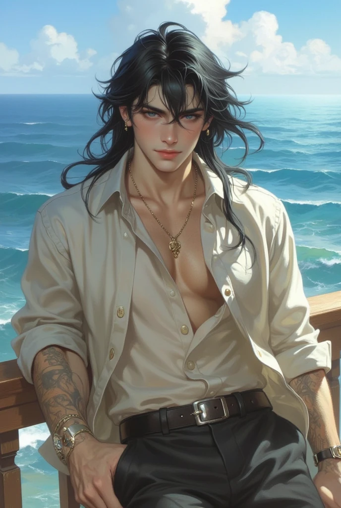 VCS, Vice City stories style loading screen, African femboy, dark_skin, tattoos all over him, sand colored cargo pants, topless, messy long hair, jungle beach, sitting on chair, drinking glass, explosion far away at sea