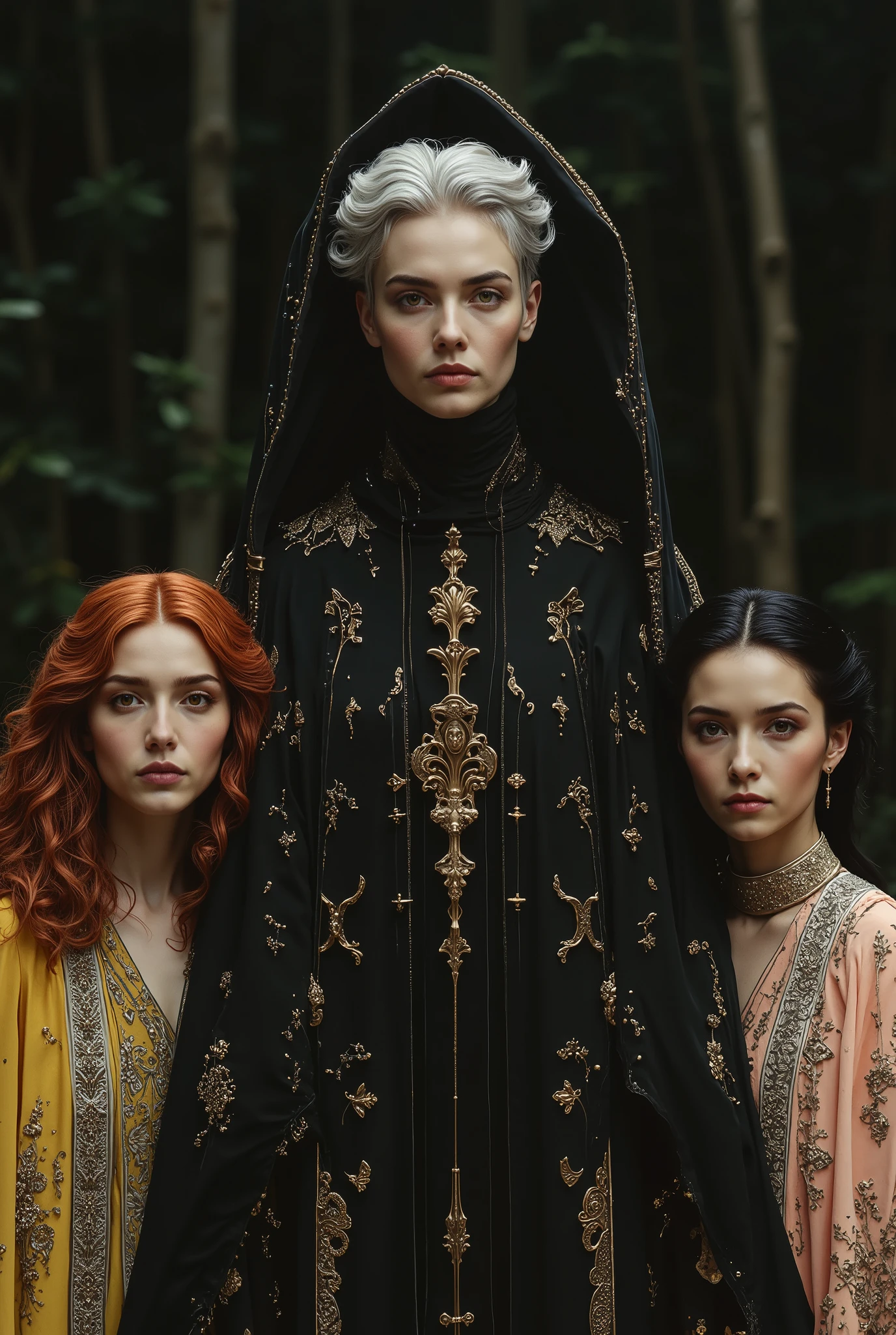 Three sorceresses standing in a mystical forest, exuding an aura of power and grace. The central figure is the tallest, with silver hair, piercing golden eyes, and a regal expression. She wears an elegant, eerily black sorceress robe adorned with shimmering golden patterns that glisten under the soft forest light. Her hood is pulled up, framing her face, and her pose is confident, with her gaze fixed forward.

To her left is a slightly shorter sorceress with fiery red hair cascading over her shoulders. She dons a deep yellow sorceress robe, decorated with subtle golden accents that catch the light. Her expression is fierce yet composed, and her golden eyes gleam with determination. She stands slightly behind the central figure, adding depth to the scene.

On the right, the third sorceress has raven-black hair and wears a peach-pink sorceress robe with delicate silver embroidery that sparkles softly. Her expression is serene but powerful, with golden eyes that mirror the intensity of her companions. She stands slightly behind and to the right of the central figure, completing the triangular composition.

The lighting highlights the intricate details of their robes and faces, while the dark forest background adds an ethereal and mystical ambiance. The focus is sharp on their faces and upper bodies, emphasizing their unity and contrasting personalities.