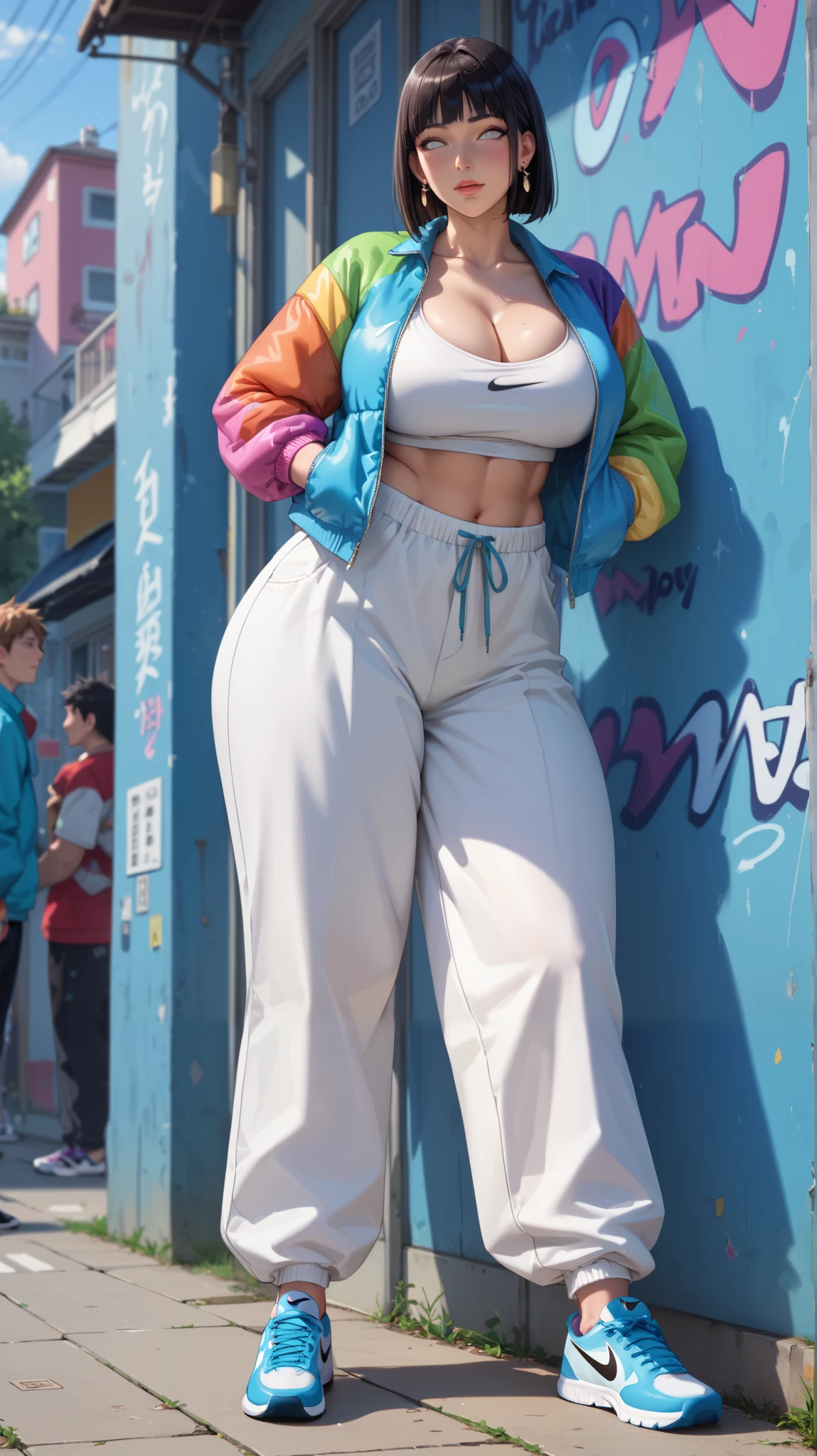 Score_9, Score_8_up, Score_7_up, Score_6_up, Score_5_up, Score_4_up, Source_anime, Tag1, Tag2, quality_masterpiece, Anatomically correct, Huge breasts, Thick thighs, Sensual woman, mature female, milf, motherly, Seductive, cleavage, Hinata, white eyes, hip-hop elements, BREAK ,action_squating, undone jacket, colorful jacket, baggy pants, Nike shoes, boom box, hip-hop culture, graffiti,