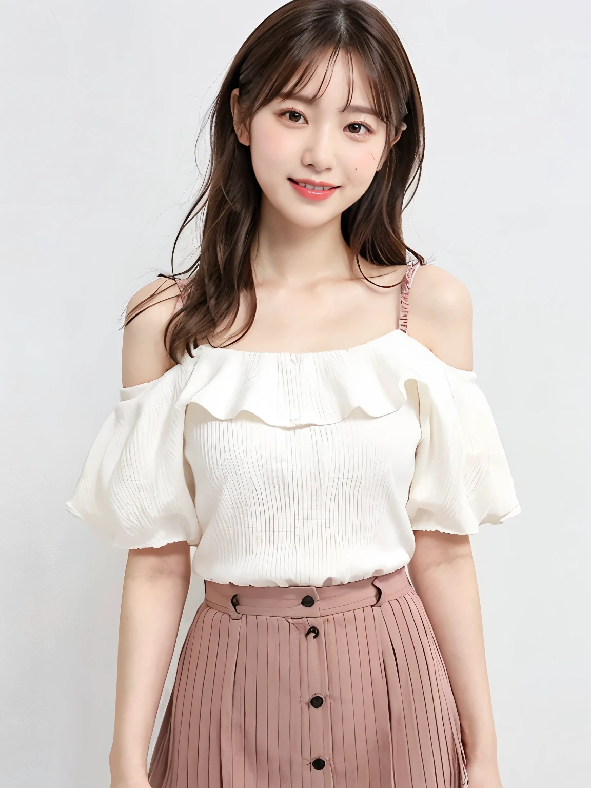 Perfect young female office worker，Chinese Big Breasts，HD，masterpiece，Black Hair，Long hair shawl，Long hair spread over shoulders，Off-shoulder，clavicle，Delicate face，Hydrating red lips，Pink lace slightly transparent T-shirt，Blue pleated skirt，knitwear，White stockings，Real People，Interior wall background，CG Rendering，16K，stand up，Empty interior，Don&#39;t show your hands，close up