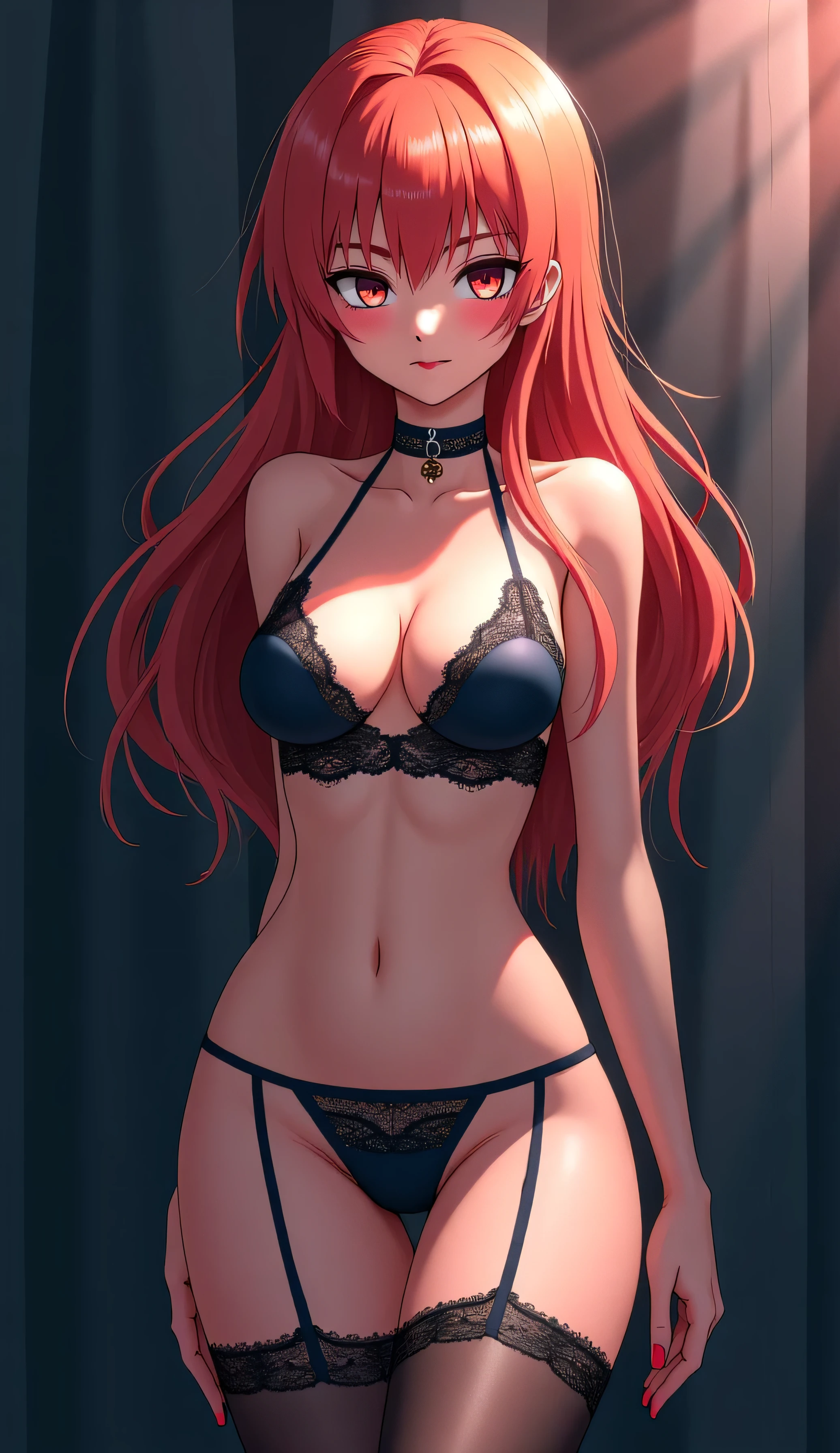 Slim anime girl with very big breasts very short straight bangs long cherry red hair and black hair tips honey colored eyes with golden glasses wearing super sexy black transparent lingerie