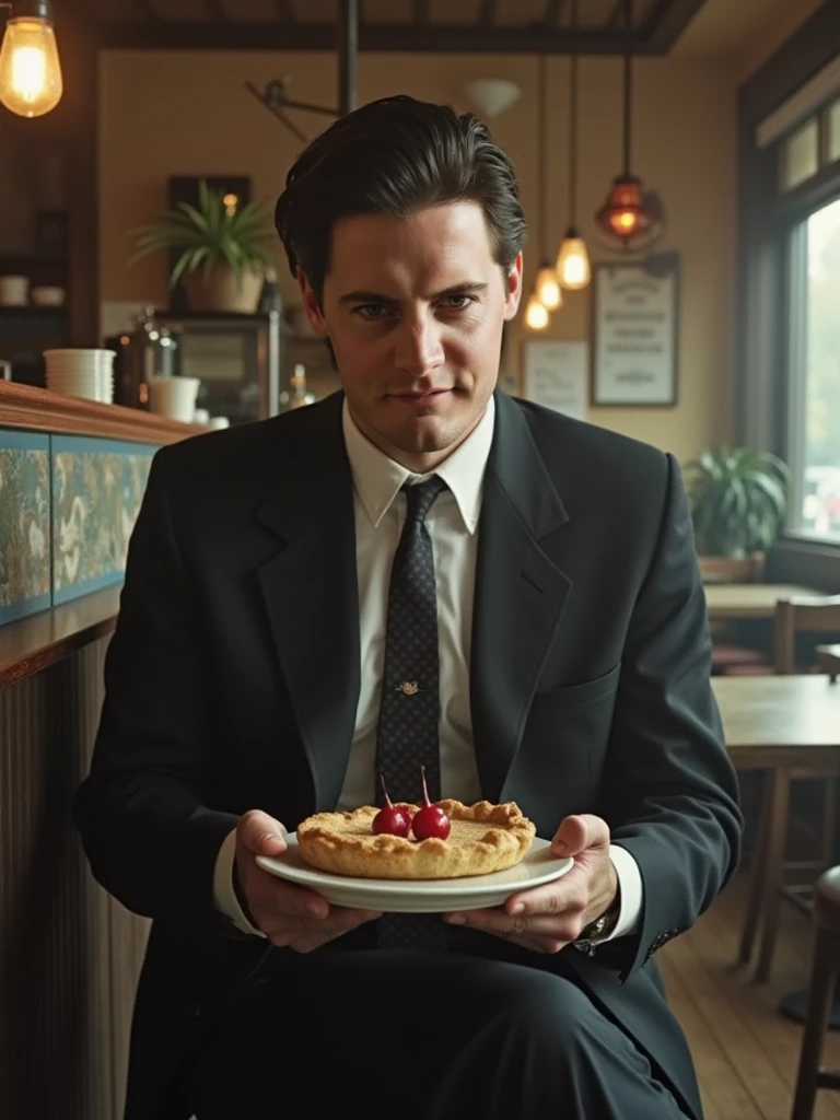 The TV drama 「Twin Peaks」An eerie scene where FBI Agent Cooper is sitting on a cafe counter seat and smirking while eating cherry pie、Table: Quiet Madness 、 An eerie scene where Kyle Merritt MacLachlan 、 Film Director David Lynch's Style 、