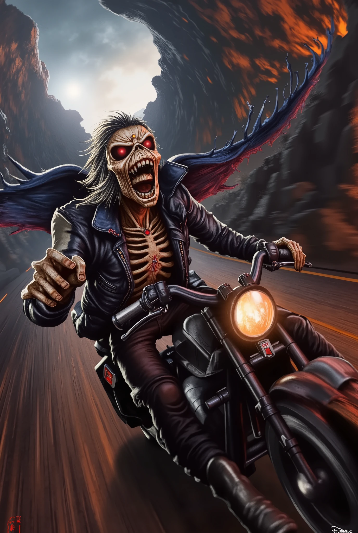 arafed view of Eddie in a custo motorcycle on road of death, iron maiden album cover.