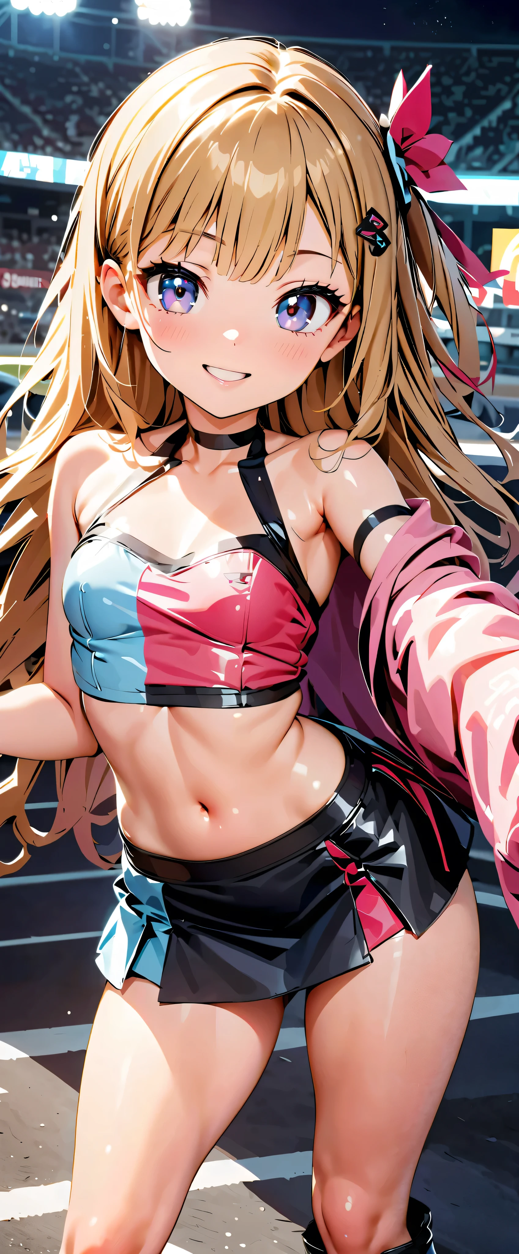 best quality , Ultra high resolution, One person, small breasts , black choker , smile, exposes shoulders, focus only , Audience ,Fair skin,Car racing track, photon mapping, physically-based rendering , RAW photos , very detailed background , K-pop Idol , is written in depth, hair ornament, detailed face, glowing skin, game cg,whole body, shiny micro tight miniskirt,shiny micro tube top, Shiny Long Boots , race queen, Sexy Poses,holding a flag,Gloss Lip