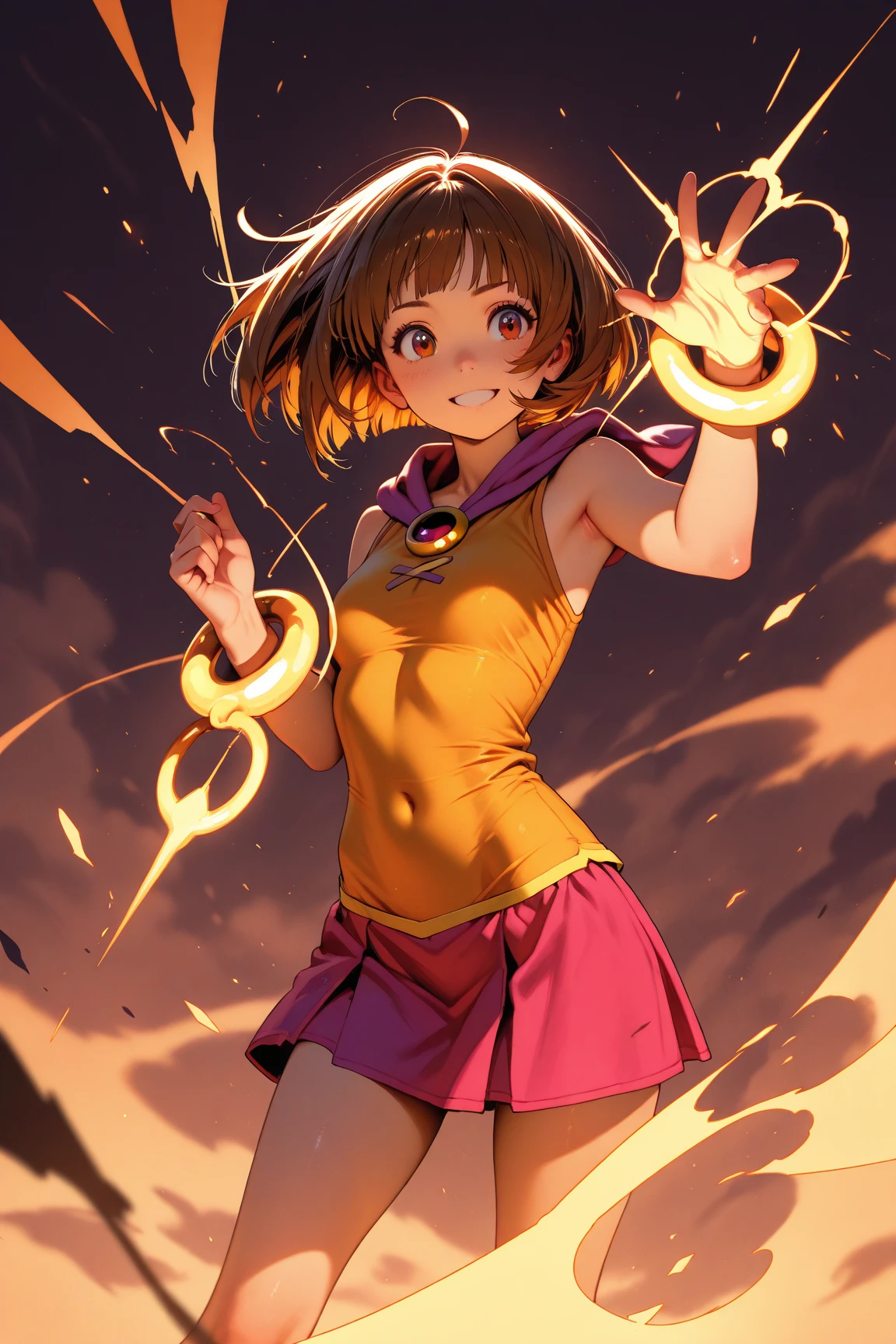 Magic, female, fire, mage, yellow clothes, midriff-baring, miniskirt, brown hair, smiling, Western library, low angle