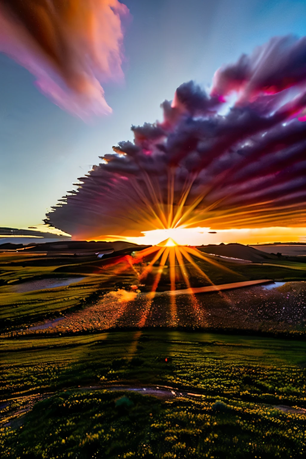 Sky with a setting sun and a heart-shaped hole in the clouds. A beautiful image of a breathtaking sky filled with a solid sheet of cirrocumulus cloud formations that are reddish purple with the setting sun behind them. In the middle of these solid red, pink, and purple cloud clusters is a heart-shaped hole, with the golden rays of a heart-shaped sun blasting rays through it and emphasizing the heart shaped hole. The suns rays project a heart shape of pure sunlight on the landscape below. It was extremely beautiful and shocking. A stunning nature photo, award winning in thought before it is even produced. Photo-realistic, ultra-detailed, realism, portrait photography, cinematic portrait, cinematic photography, UHDR, full focus, highest quality, cinematic lighting, cinematography, realisticism, hyper Realism,surreal, ethereal, intricate, attention to detail, complex pink, red and purple saturated colors in the clouds,best quality, masterpiece.