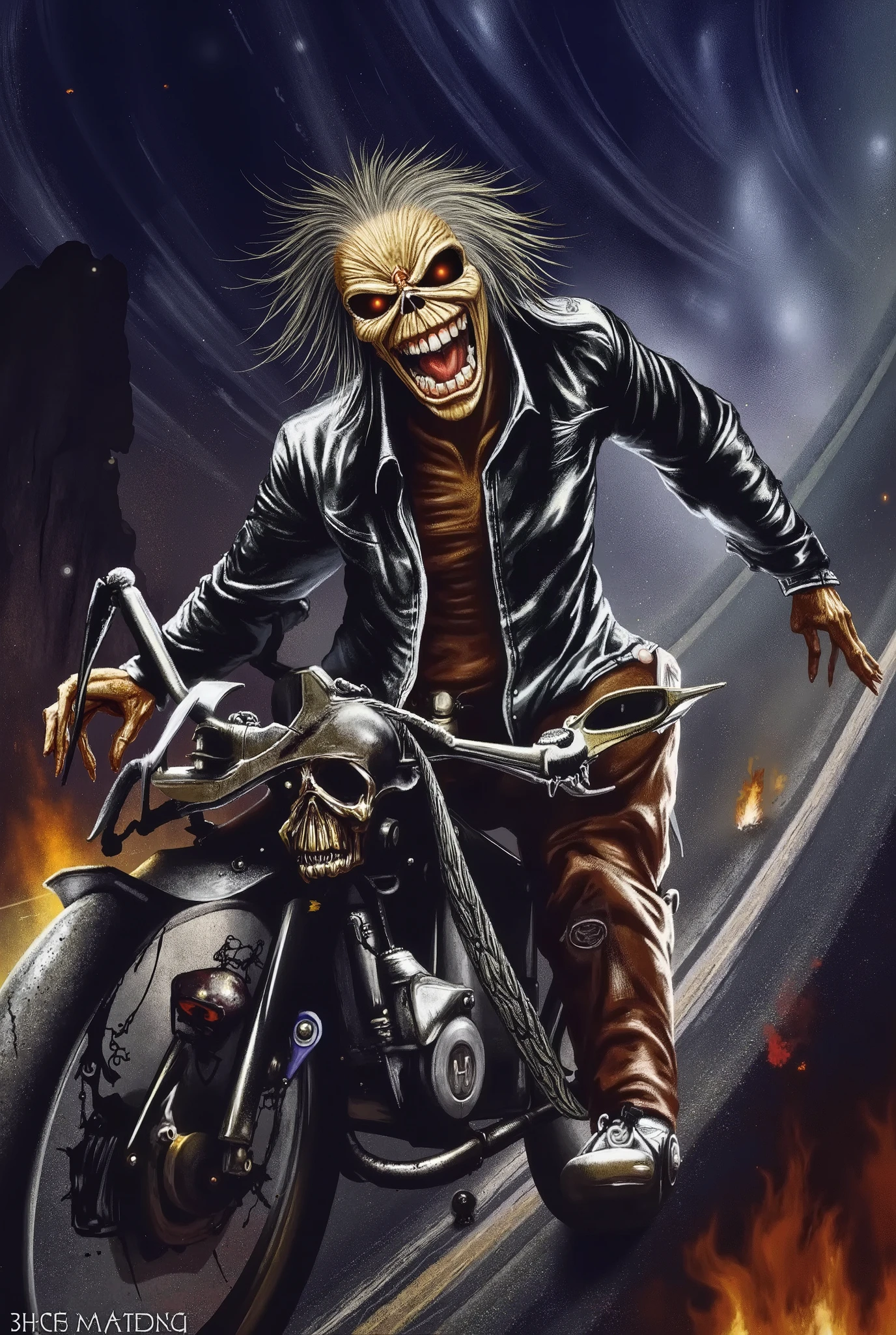 arafed view of Eddie in a custo motorcycle on road of death, iron maiden album cover.