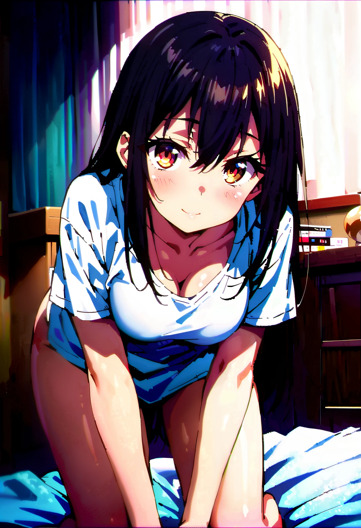 score_9, score_8_ up, score_7_ up, source_Anime, Yukina Himeragi, long hair, black hair,medium hair, brown eyes,Medium breast, cleavage in years, smile,blush, mouths, squint, Down Blouse , loose t-shirt ,Bare legs, standing on all fours on a bed, beautiful scenery,morning,whole bodyがイラストに入るように,
break looking at viewer,whole body,( cowboy shot:1. 5),
break indoors,bedroom,
break (masterpiece:1.2), best quality , high resolution, Unity 8K Wallpaper , (figure:0.8), ( precise and beautiful eyes:1.6), very detailed face, PERFECT LIGHTING , very precise CG, (perfect hand, perfect anatomy),
