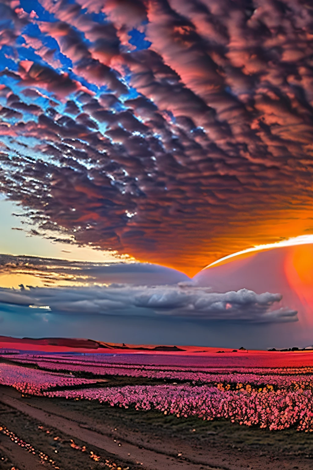 Sky with a setting  sun and a heart-shaped hole in the clouds. A beautiful image of a breathtaking sky filled with a solid sheet of cirrocumulus cloud formations that are reddish purple with the setting sun behind them.  In the middle of these solid red, pink, and purple cloud clusters is a heart-shaped hole, with the golden rays of a heart-shaped sun blasting rays through it and emphasizing the heart shaped hole. The suns rays project a heart shape of pure sunlight on the landscape below. It was extremely beautiful and shocking. A stunning nature photo, award winning in thought before it is even produced. Photo-realistic, ultra-detailed, realism, portrait photography, cinematic portrait, cinematic photography, UHDR, full focus, highest quality, cinematic lighting, cinematography, realisticism, hyper Realism,surreal, ethereal, intricate, attention to detail, complex pink, red and purple saturated colors in the clouds,best quality, masterpiece.