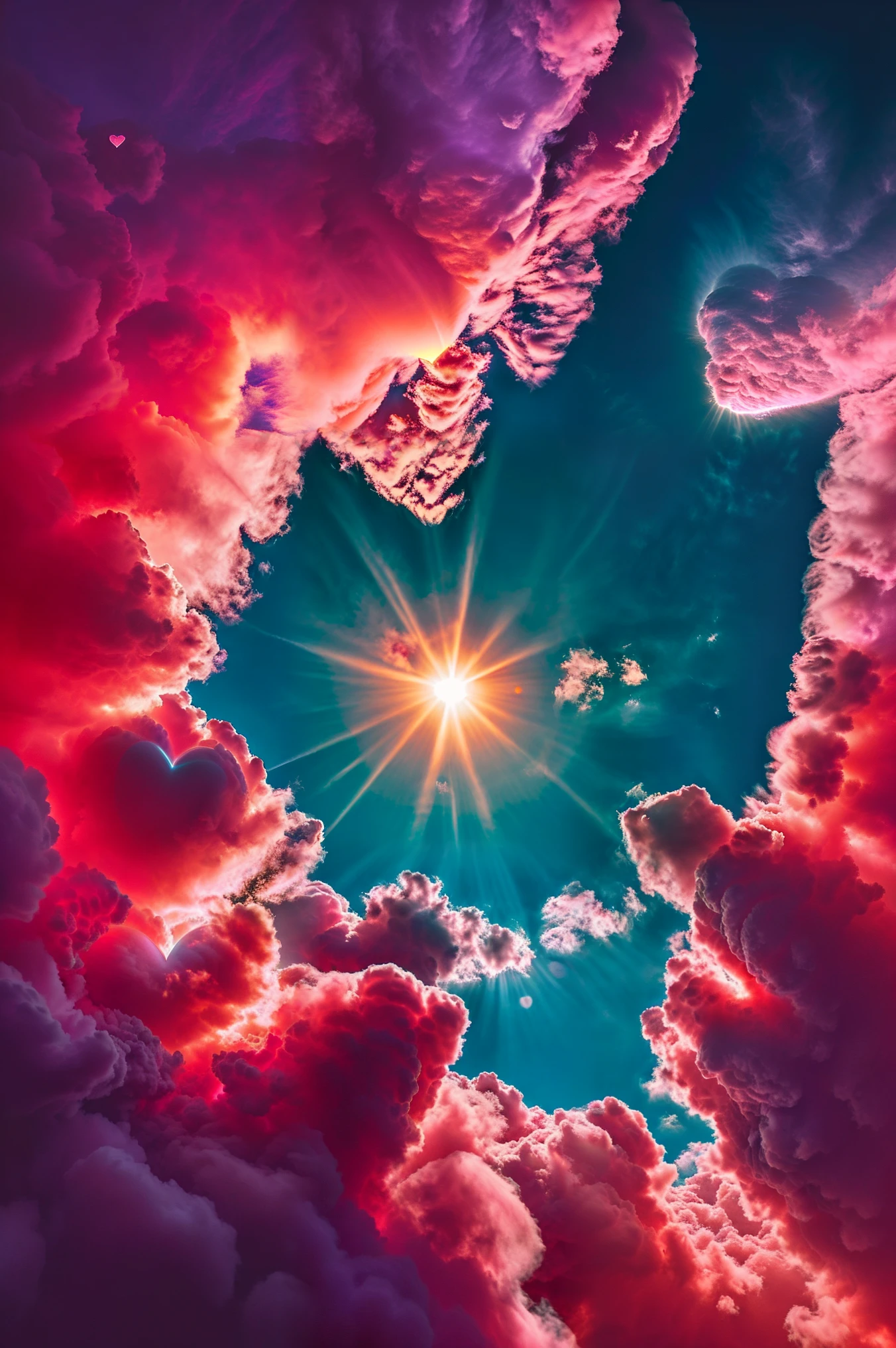 Sky with a setting sun and a heart-shaped hole in the clouds. A beautiful image of a breathtaking sky filled with a solid sheet of cirrocumulus cloud formations that are reddish purple with the setting sun behind them. In the middle of these solid red, pink, and purple cloud clusters is a heart-shaped hole, with the golden rays of a heart-shaped sun blasting rays through it and emphasizing the heart shaped hole. The suns rays project a heart shape of pure sunlight on the landscape below. It was extremely beautiful and shocking. A stunning nature photo, award winning in thought before it is even produced. Photo-realistic, ultra-detailed, realism, portrait photography, cinematic portrait, cinematic photography, UHDR, full focus, highest quality, cinematic lighting, cinematography, realisticism, hyper Realism,surreal, ethereal, intricate, attention to detail, complex pink, red and purple saturated colors in the clouds,best quality, masterpiece.