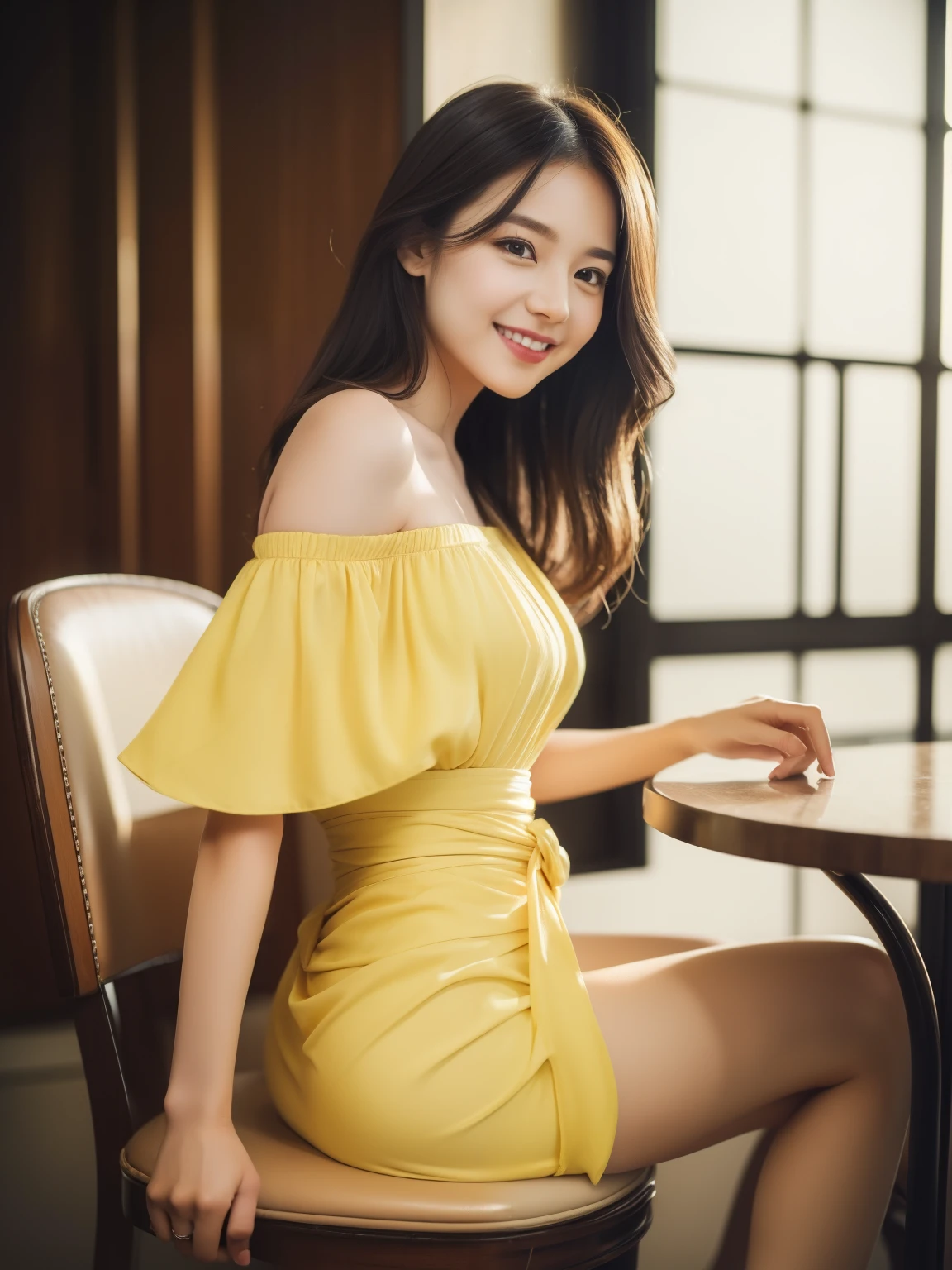 (((Long Pony tail, Wearing yellow off shoulder dress with hotpants))),(((sitting drinking coffee))),(((looking at viewer:1.5))),(((view full body))),(((Photographing a girl from) )),ulzzang-6500-v1.1, (Raw photo:1.2), (Photo realistic:1.4), a beautiful detailed girl, extremely detailed eye and face, detailed finger, beautiful detailed eyes, ultra-detailed, High resolution, top-quality, masterpiece, highly detailed, 8k wallpaper, Wonderful, finely detail, top-quality, Light on the face,电影灯光,1girl in,(Beautiful Glass House on Heavy Rain),Beautiful eyes,Teary eyes, smile,Opening Mouth