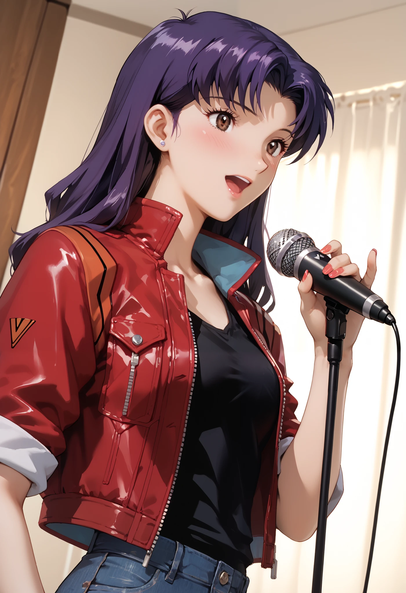 1girl, katsuragi misato, solo, dutch angle, purple hair, dark brown eyes, (beautiful detailed eyes: 1.2), red leather jacket, rolled-up sleeves, black tank top, dark blue skinny jeans, holding a microphone, joyfully singing, blush, karaoke, wallpaper, masterpiece, high quality, highly detailed