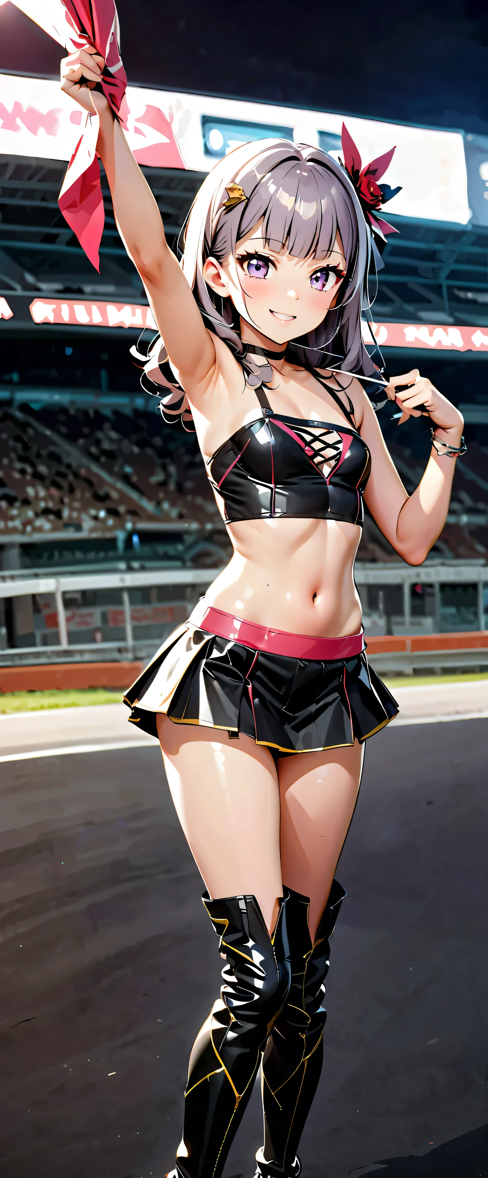  best quality , Ultra high resolution,  One person,   small breasts ,  black choker , smile,  exposes shoulders,  focus only ,  Audience ,Fair skin,Car racing track, photon mapping,  physically-based rendering ,  RAW photos ,  very detailed background , K-pop Idol , is written in depth, hair ornament, detailed face, glowing skin, game cg,whole body, shiny micro tight miniskirt,shiny micro tube top,shiny long boots lace queen, Sexy Poses,holding a flag,Gloss Lip