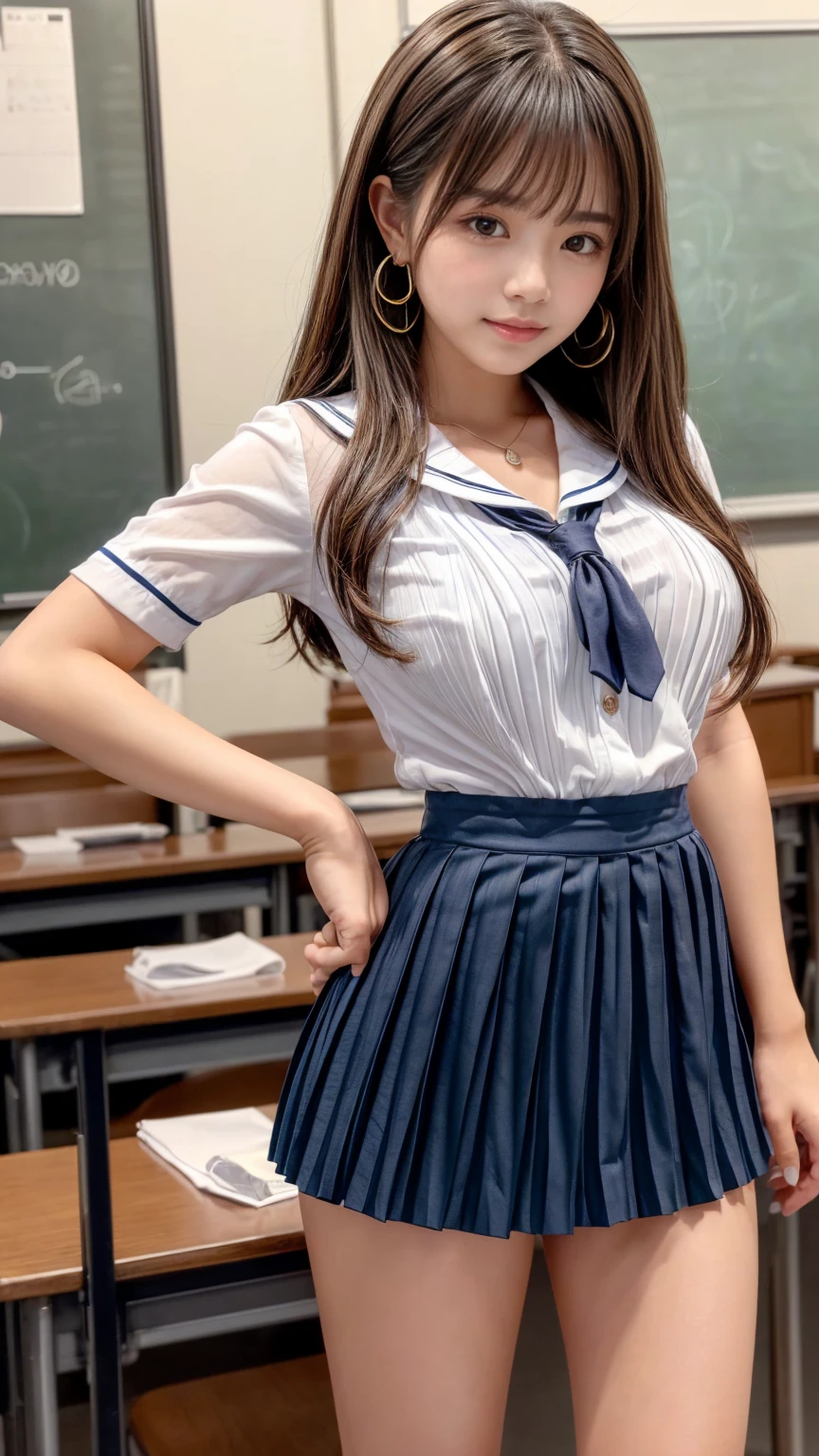 (8K, best quality, masterpiece:1.2), (realistic, photo-realistic:1.37), (high color saturation:1.0), (highly detailed skin), (highest quality:1.0), (ultra high resolution:1.0) ,(realistic:1.0), (Super detailed:1.0), (8K, Raw photo:1.1)、standing random pose, smiling, natural breast, perfect lighting, ((3girls students)), 18years old, (mysterious), clear and detailed, ((school_uniform, Japanese sailor uniform, flared skirt)), (classroom), cute face, (no_panties),
