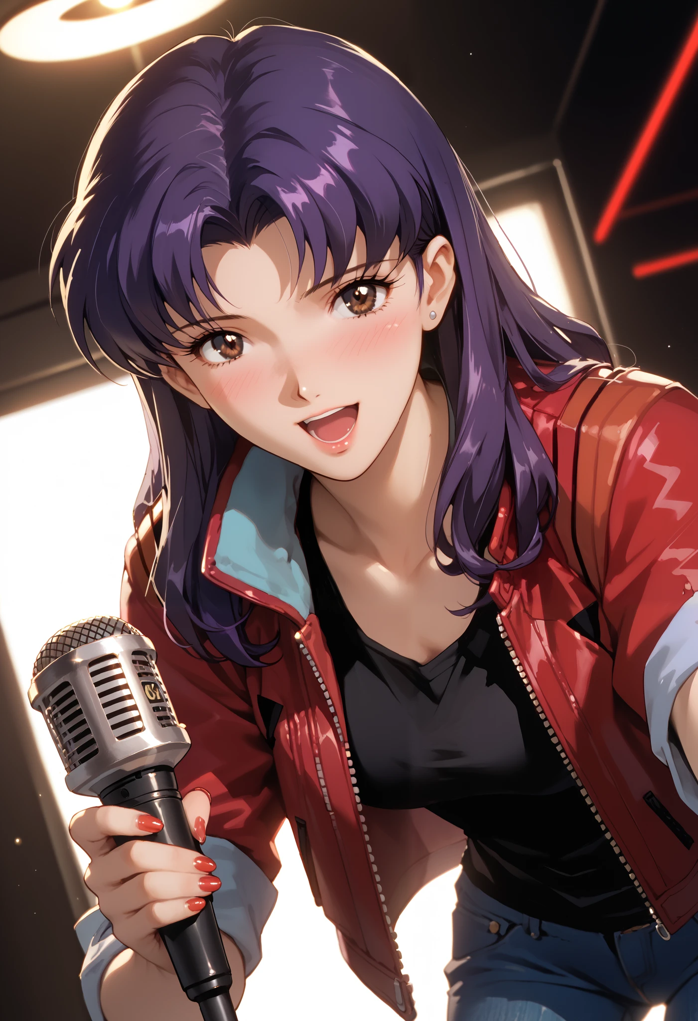 1girl, katsuragi misato, solo, dutch angle, purple hair, dark brown eyes, (beautiful detailed eyes: 1.2), red leather jacket, rolled-up sleeves, black tank top, dark blue skinny jeans, holding a microphone, joyfully singing, blush, karaoke bar, wallpaper, masterpiece, high quality, highly detailed